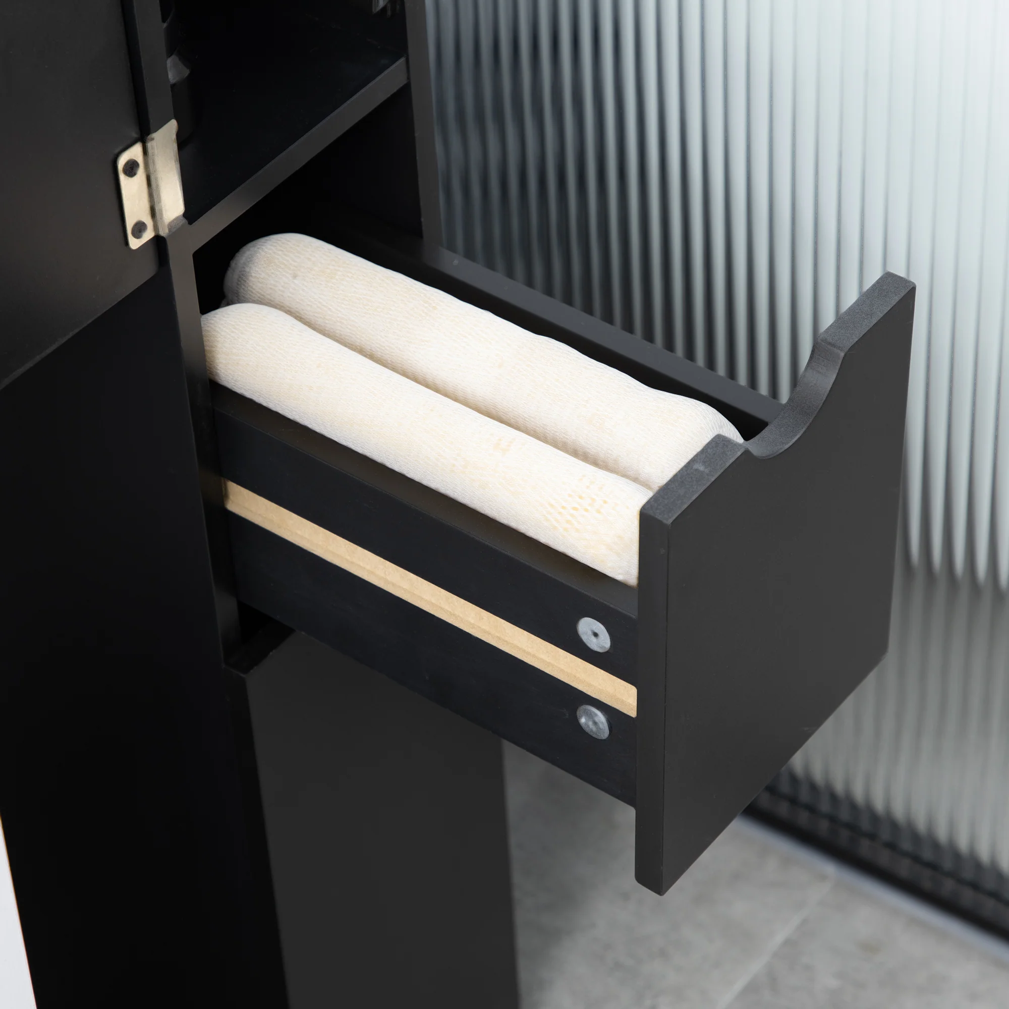 Slim Bathroom Linen Cabinet with Drawers, Cabinet & Open Shelves for Space Saving, Black - Image 11