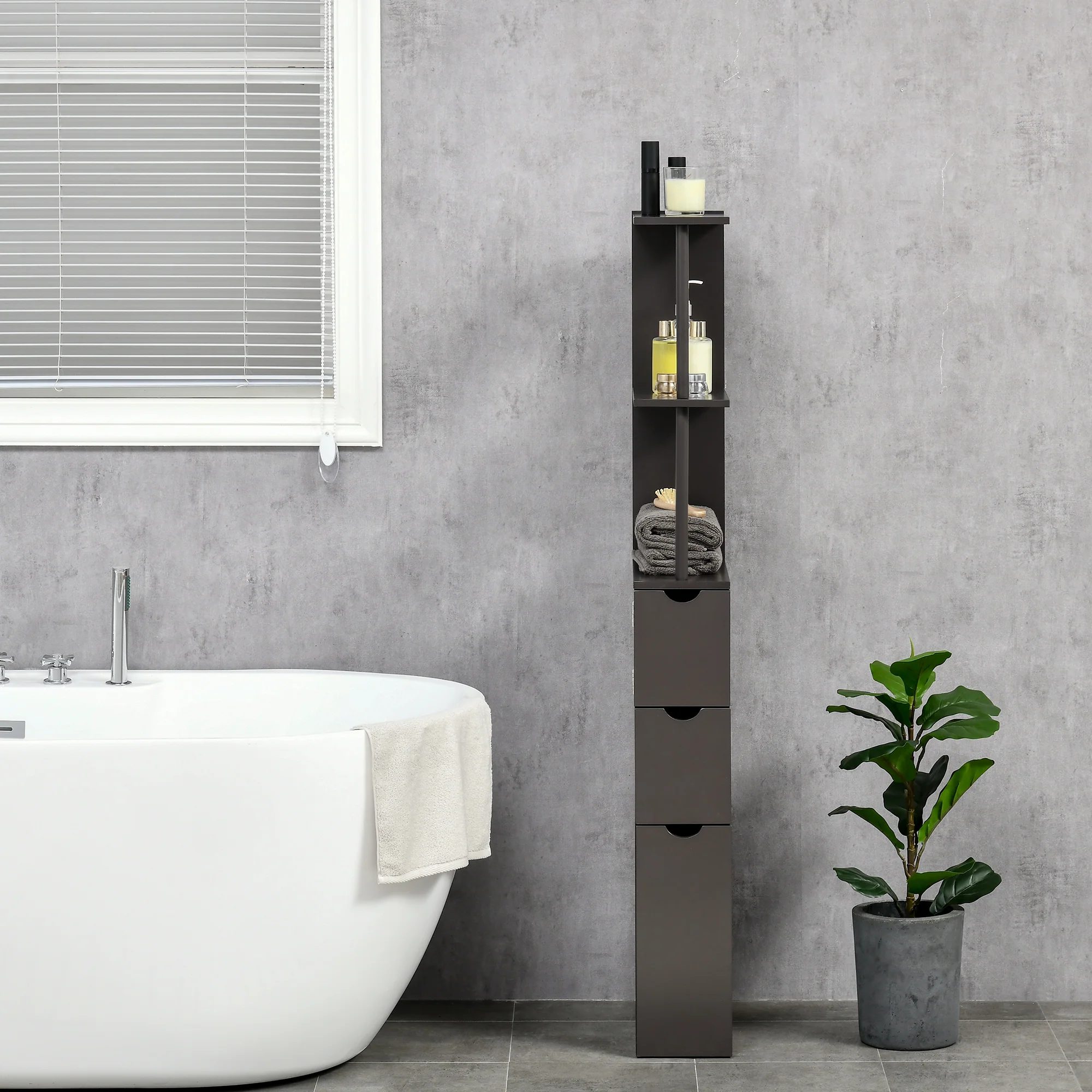 Slim Bathroom Linen Cabinet with Drawers, Cabinet & Open Shelves for Space Saving, Brown - Image 4