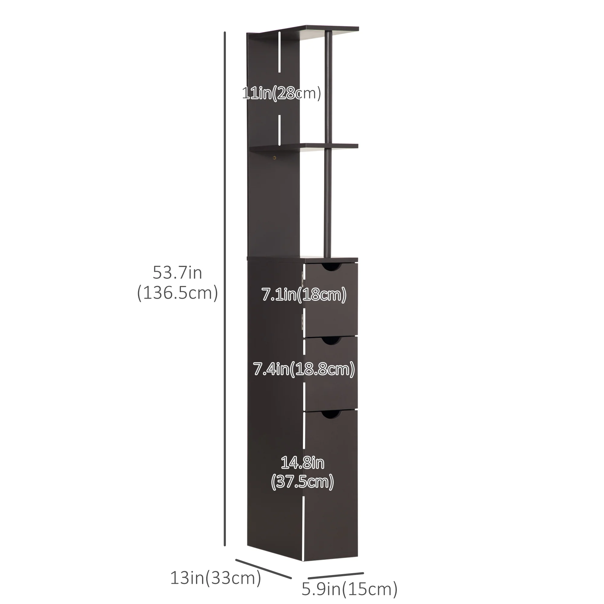 Slim Bathroom Linen Cabinet with Drawers, Cabinet & Open Shelves for Space Saving, Brown - Image 5