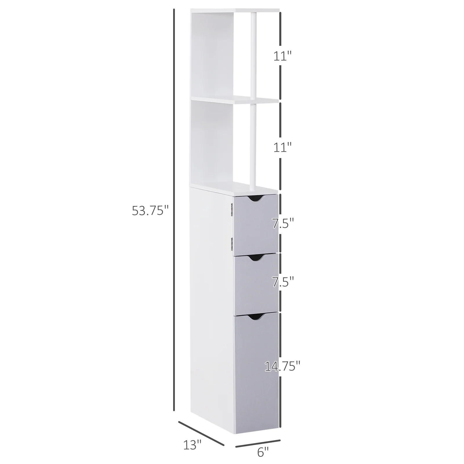 Slim Bathroom Linen Cabinet with Drawers, Cabinet & Open Shelves for Space Saving, White & Grey - Image 5