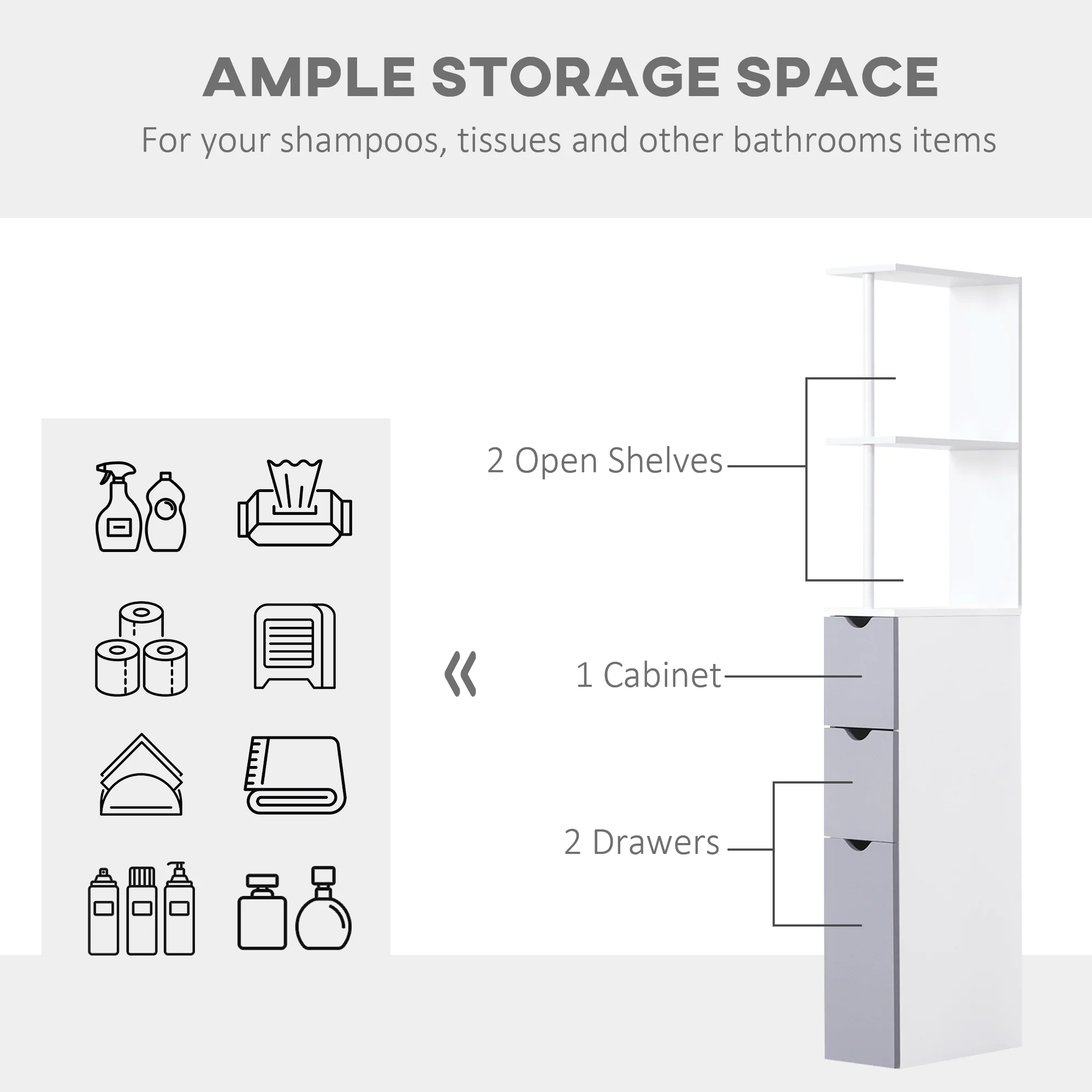 Slim Bathroom Linen Cabinet with Drawers, Cabinet & Open Shelves for Space Saving, White & Grey - Image 6