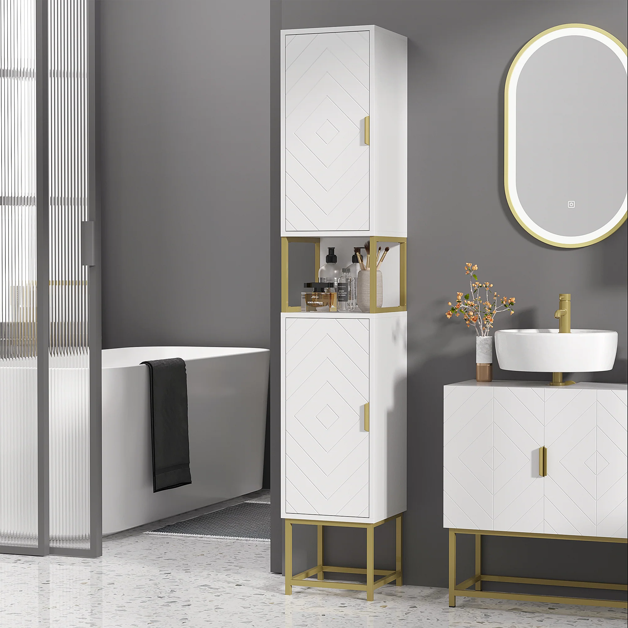 Narrow Bathroom Storage Cabinet with Adjustable Shelf, 2 Doors and Steel Base, White - Image 4