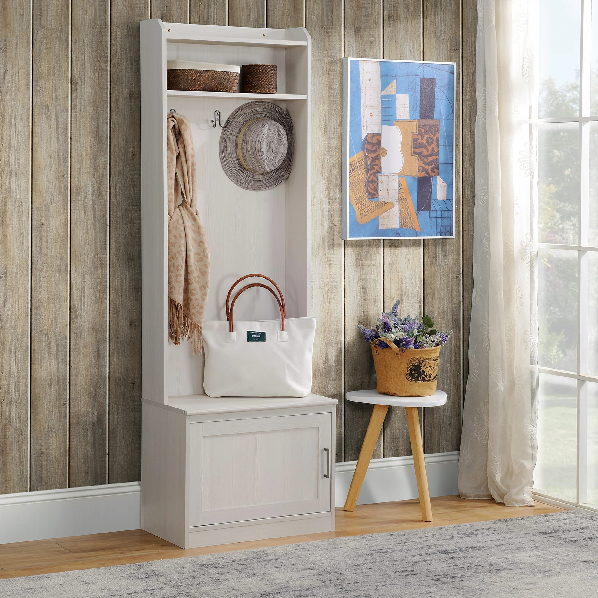 Narrow Hall Tree w/ Shoe Storage Bench, Entryway Bench w/ Coat Rack, White Wood Grain - Image 3