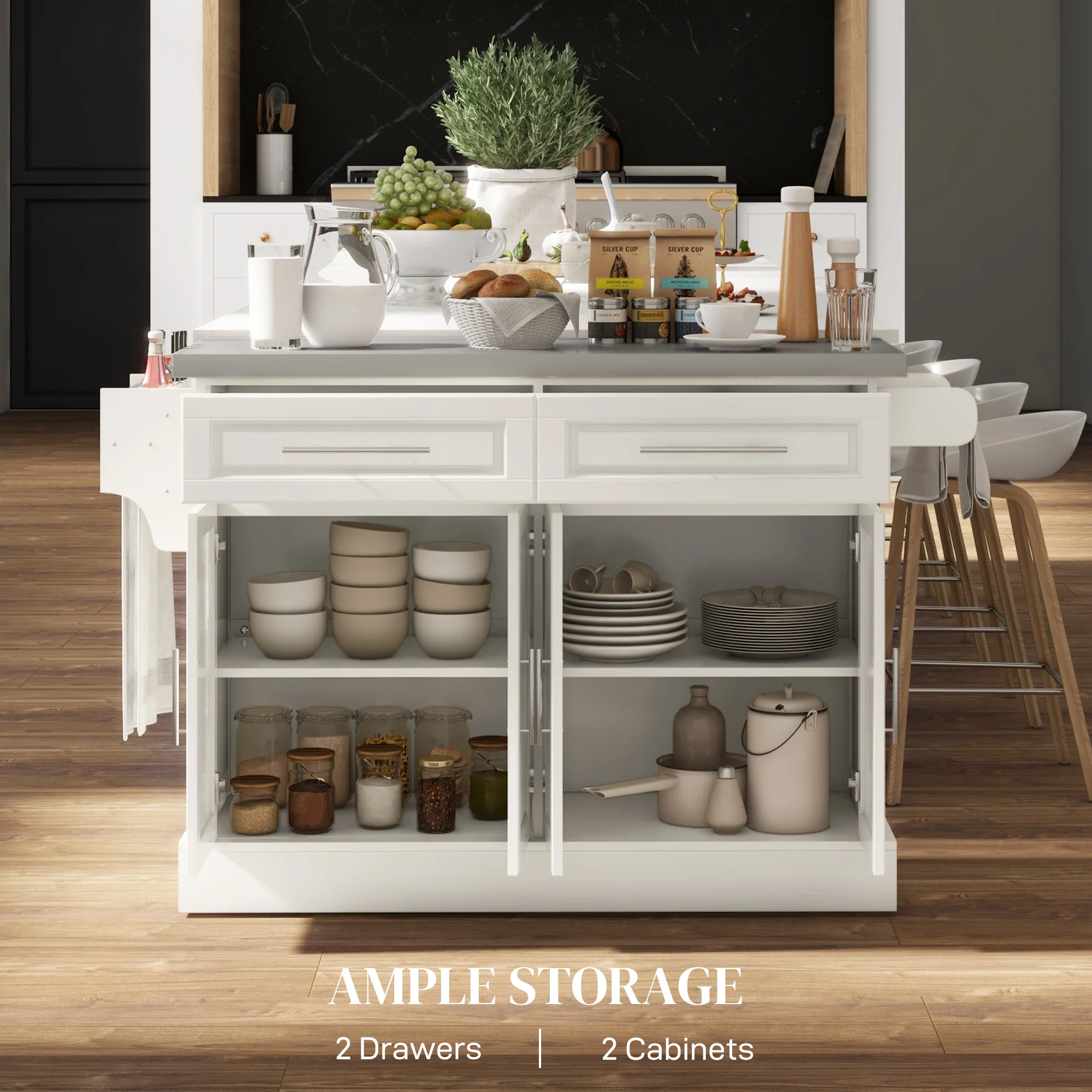 36" Stainless Steel Top Kitchen Island with Storage Drawers, Racks & Cabinets, Cream White - Image 6