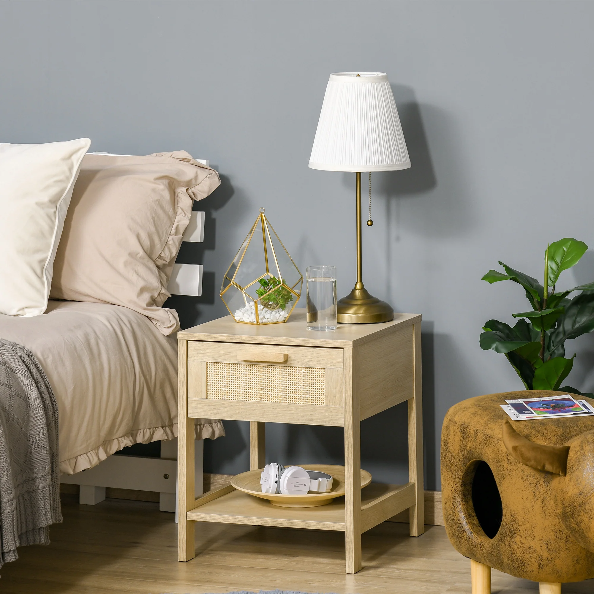 Rattan Nightstand, Bedside Table with Drawer and Storage Shelf for Bedroom, Natural - Image 3