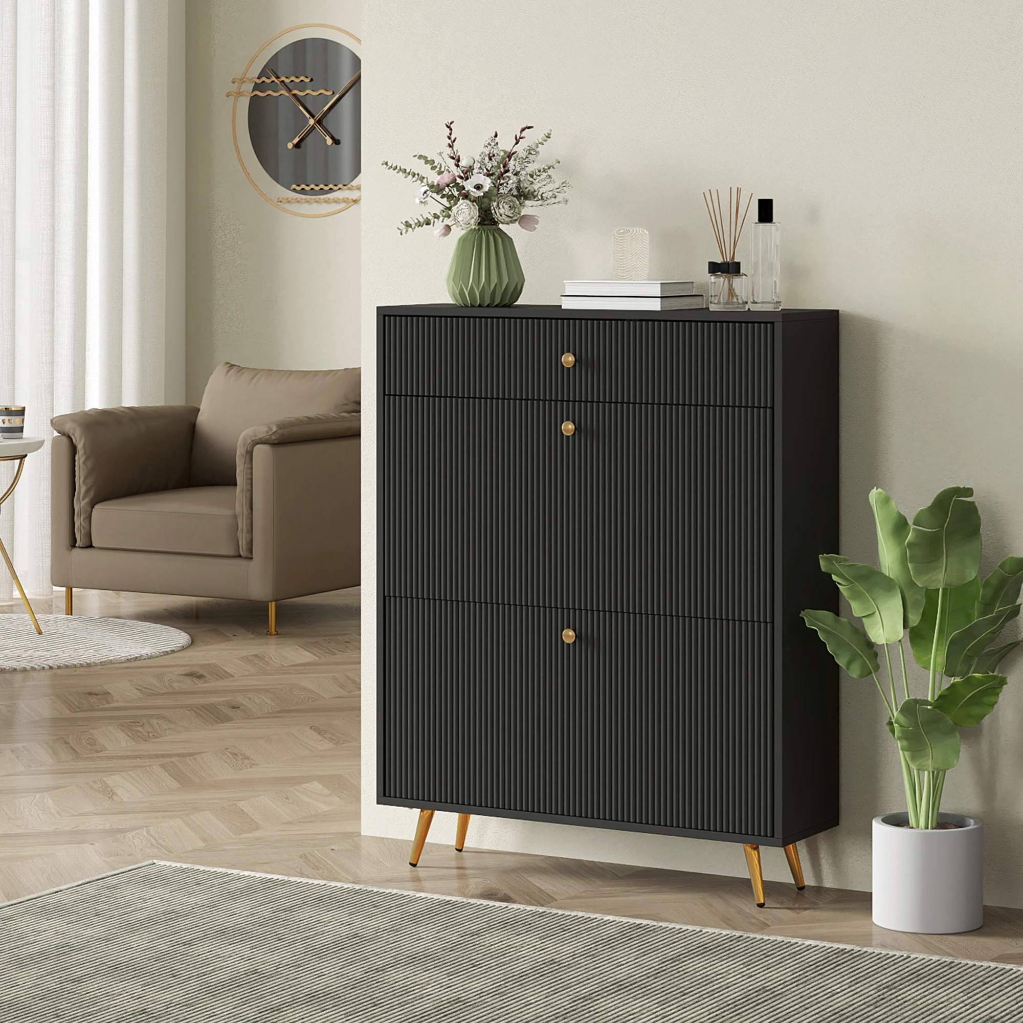 Narrow Shoe Cabinet with Wave-like Panels & 2 Flip Drawers for 12 Pairs of Shoes, Black - Image 4