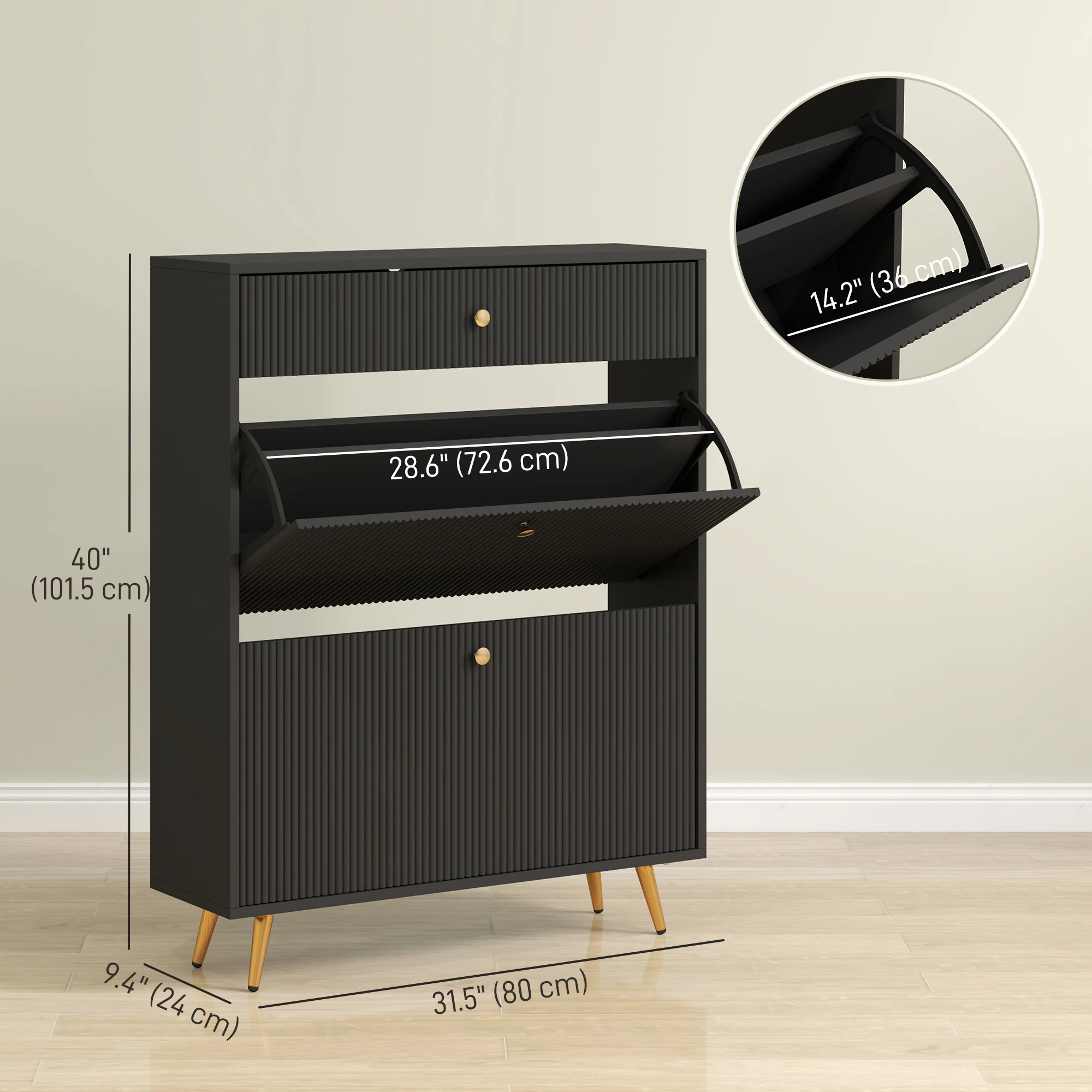 Narrow Shoe Cabinet with Wave-like Panels & 2 Flip Drawers for 12 Pairs of Shoes, Black - Image 5