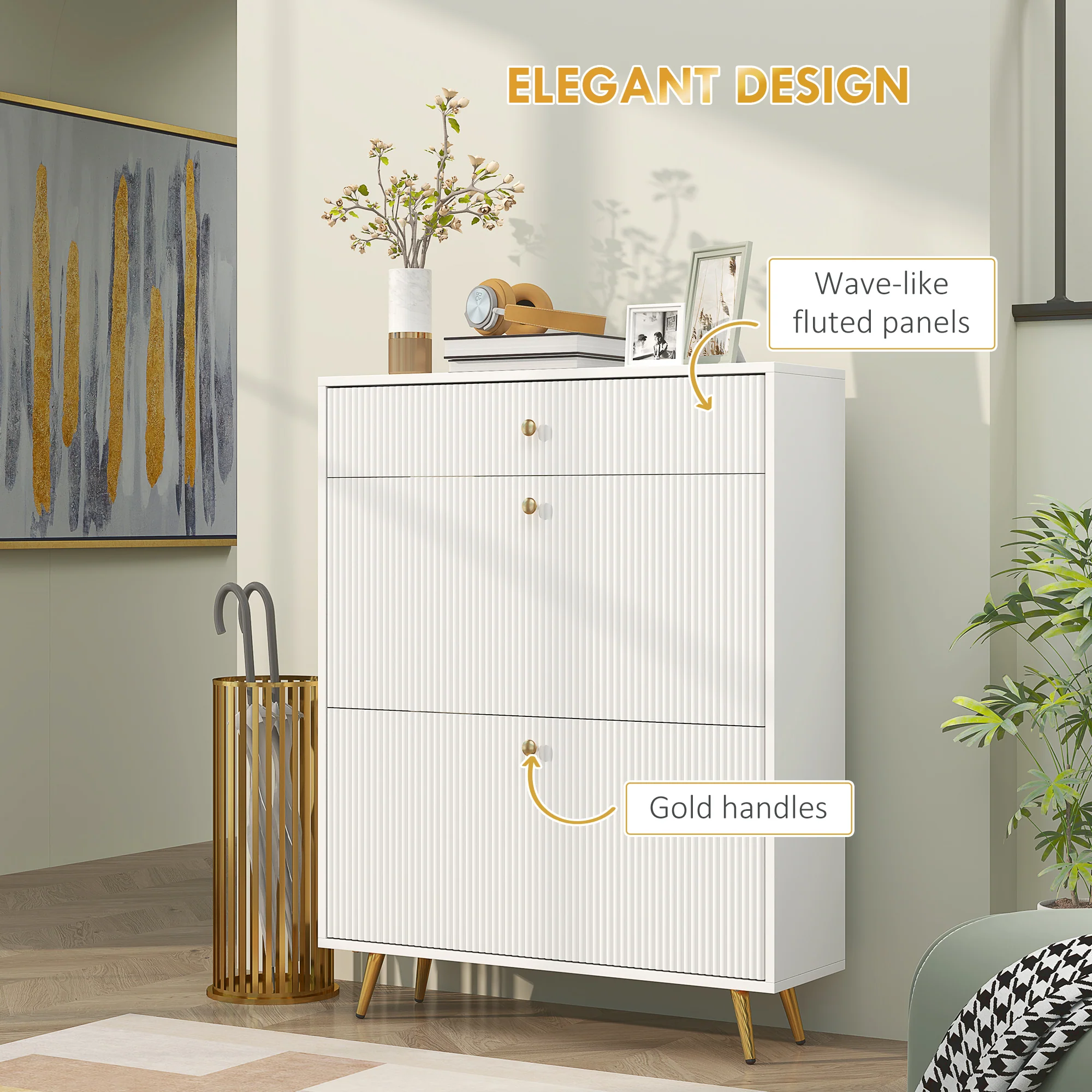 Narrow Shoe Cabinet with Wave-like Panels & 2 Flip Drawers for 12 Pairs of Shoes, White - Image 10