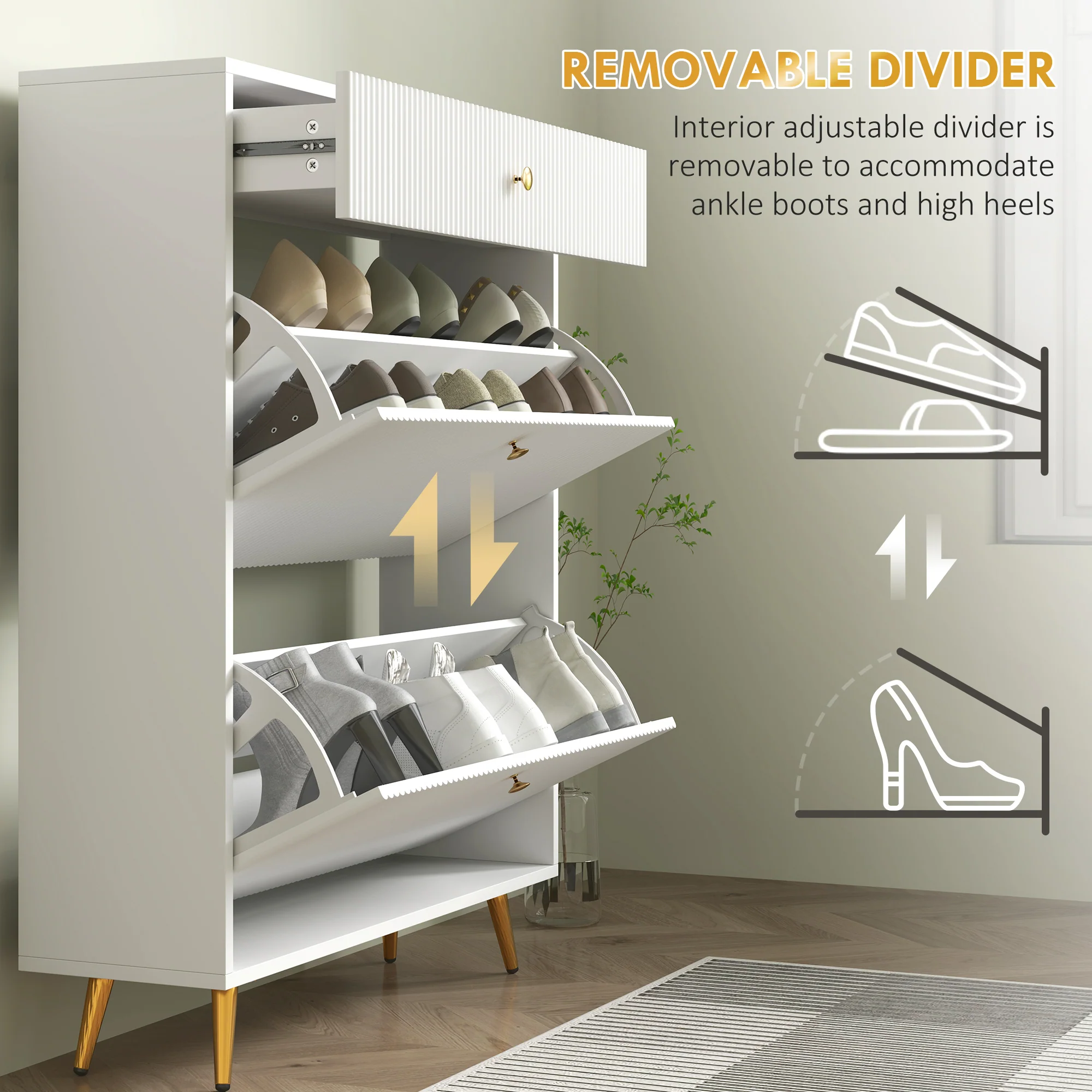 Narrow Shoe Cabinet with Wave-like Panels & 2 Flip Drawers for 12 Pairs of Shoes, White - Image 8