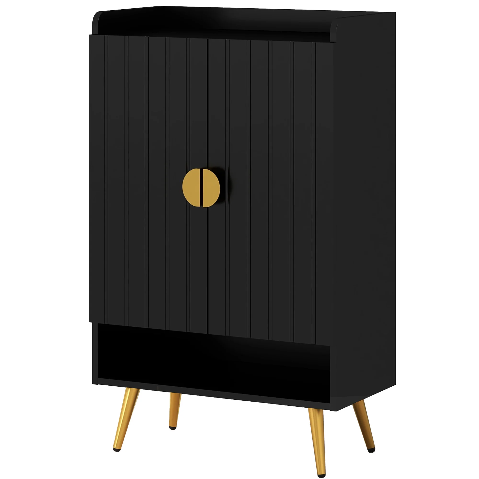 Narrow Shoe Cabinet with 2 Doors, Adjustable Shelves & Open Shelf for 15 Pairs, Black - Image 2