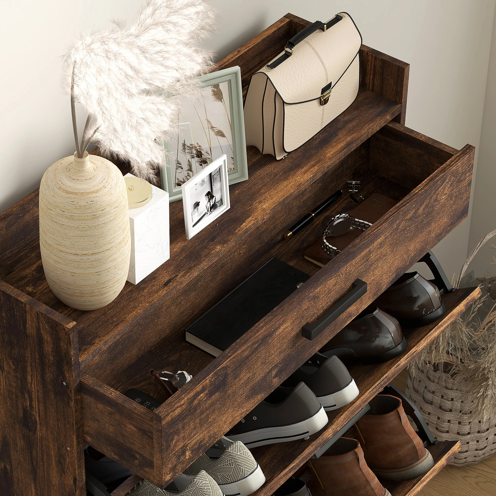 Industrial Narrow Shoe Cabinet with 2 Flip Drawers & Top Drawer for 12 Pairs, Rustic Brown - Image 10