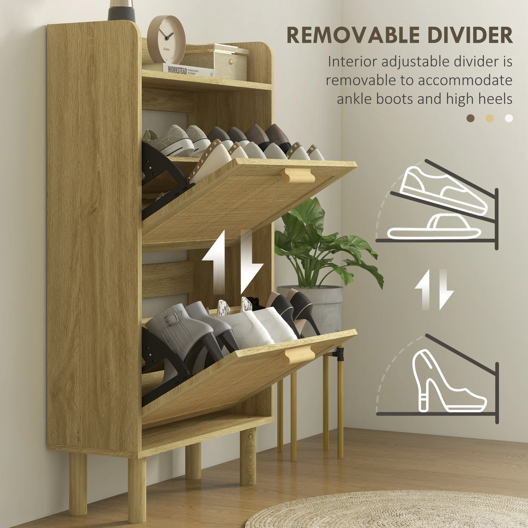 Rattan Shoe Organizer Cabinet with 2 Flip Drawers & Adjustable Shelves for 12 Pairs, Oak - Image 8