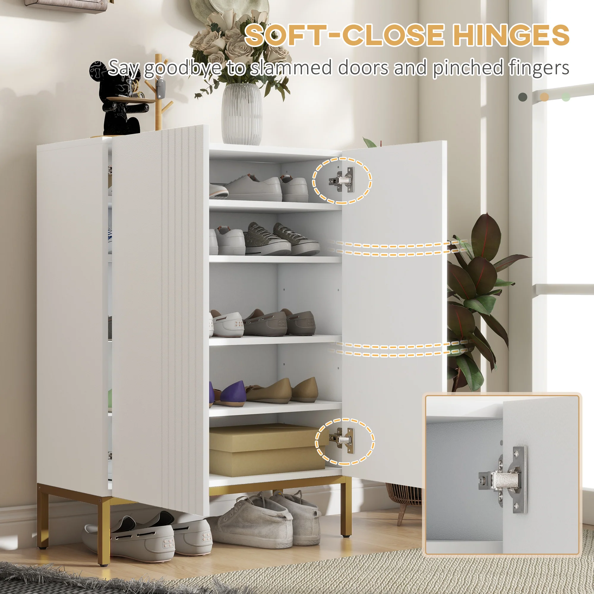Slim Shoe Cabinet w/ Adjustable Shelves & Soft-Close Hinges for 15-20 Pairs of Shoes, White - Image 7