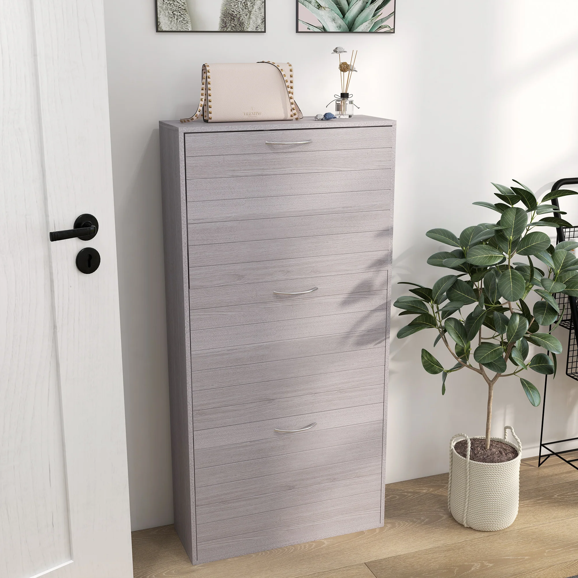 Narrow Shoe Cabinet, Shoe Storage Cabinet with 3 Flip Drawers for 12 Pair of Shoes, Grey - Image 3