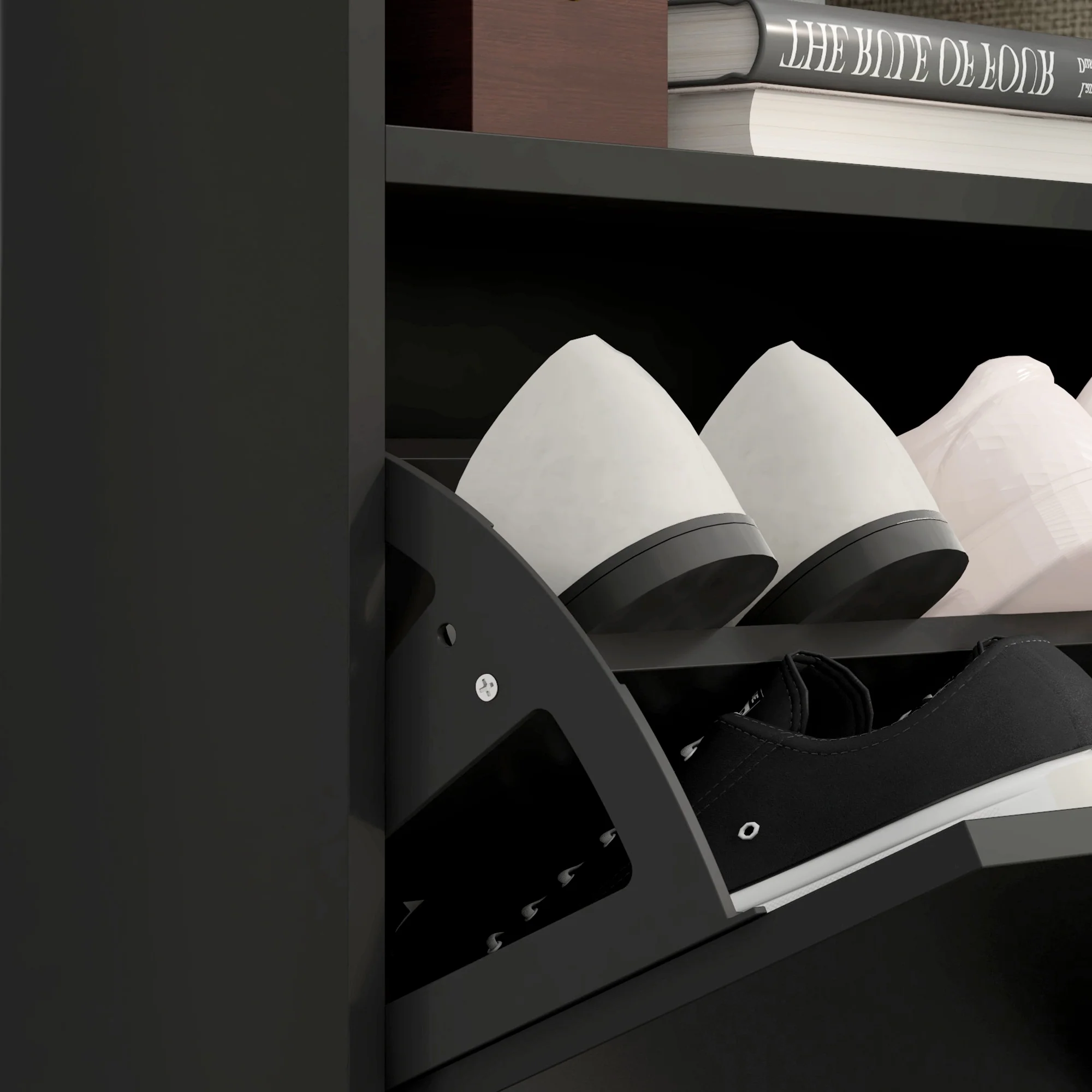 Wall Mounted or Freestanding Shoe Cabinet with 2 Flip Drawers & Open Shelf, High Gloss Black - Image 11