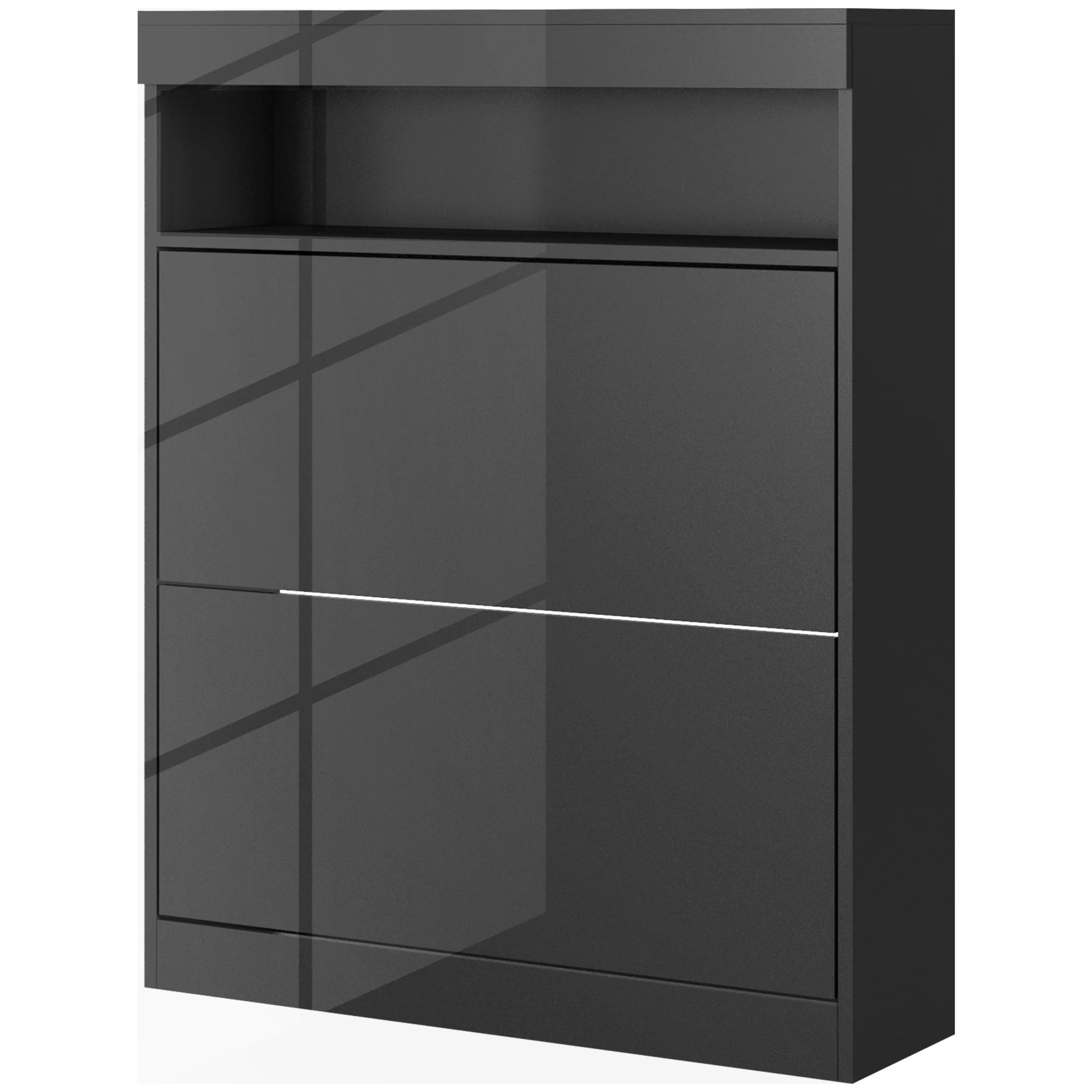Wall Mounted or Freestanding Shoe Cabinet with 2 Flip Drawers & Open Shelf, High Gloss Black - Image 2