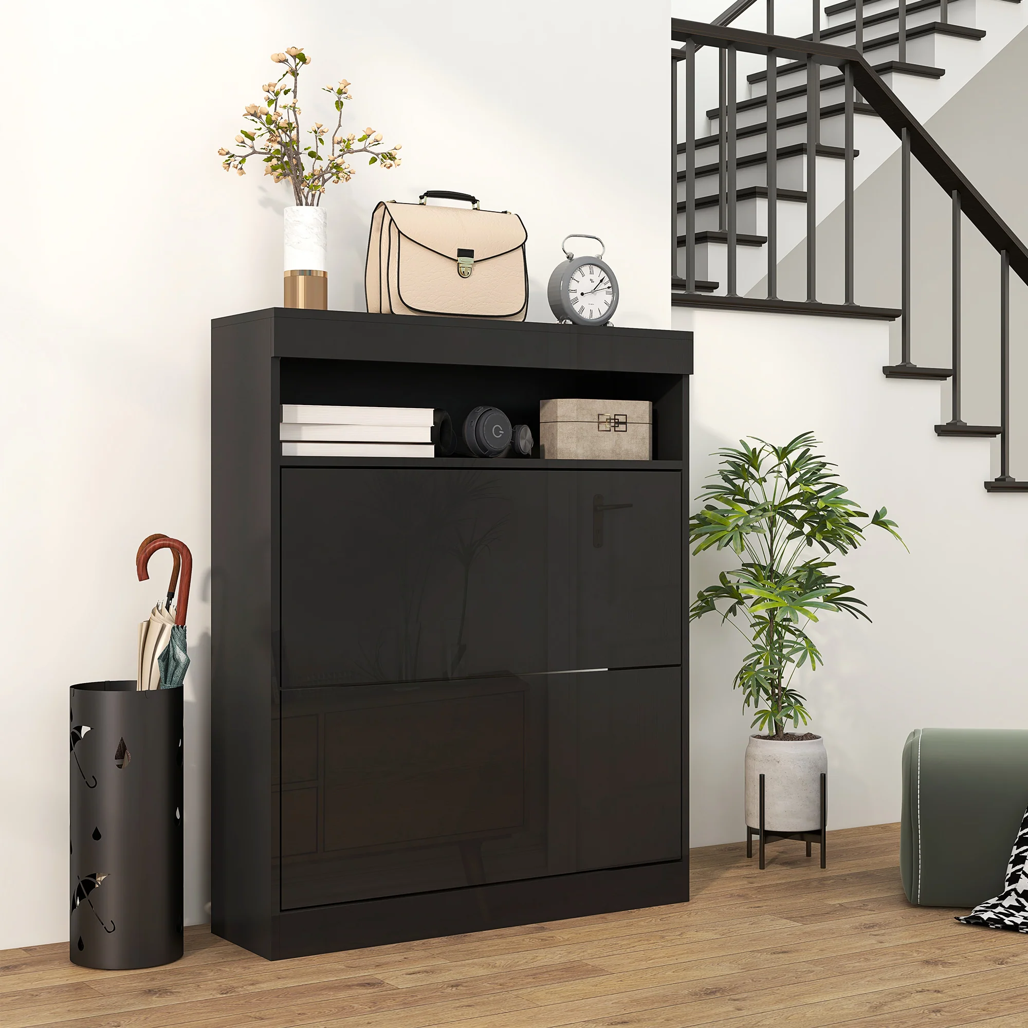 Wall Mounted or Freestanding Shoe Cabinet with 2 Flip Drawers & Open Shelf, High Gloss Black - Image 4