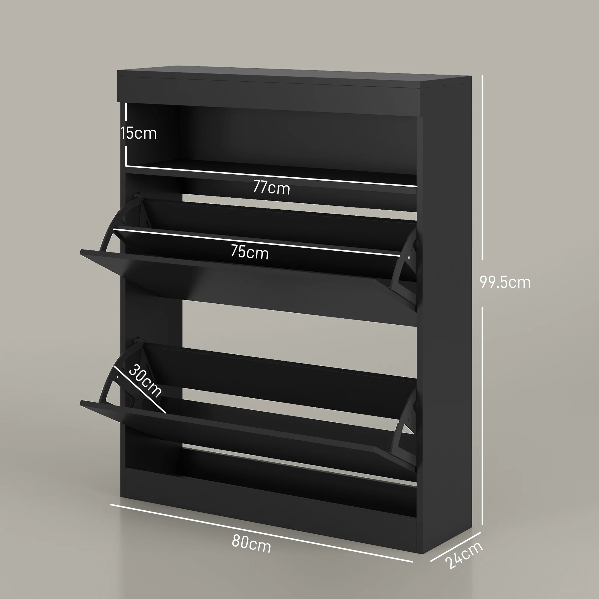 Wall Mounted or Freestanding Shoe Cabinet with 2 Flip Drawers & Open Shelf, High Gloss Black - Image 5