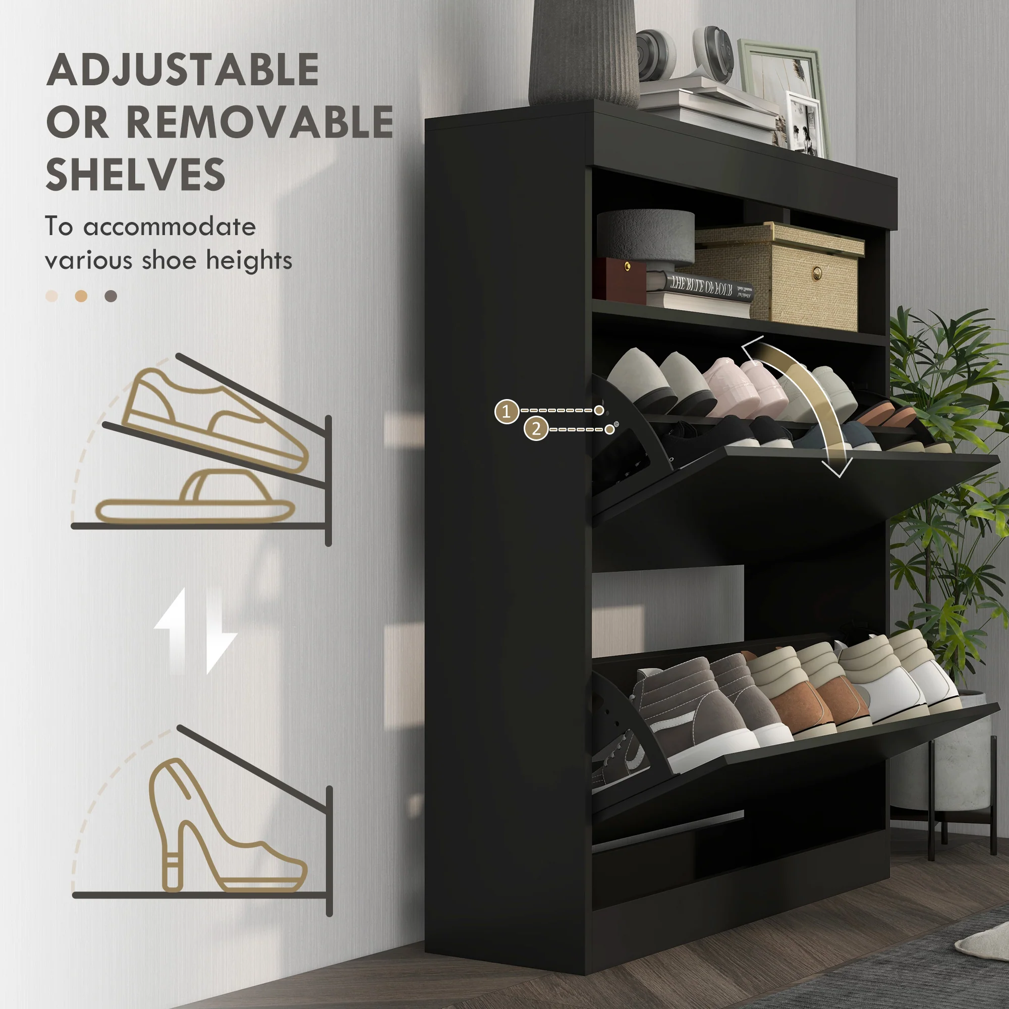 Wall Mounted or Freestanding Shoe Cabinet with 2 Flip Drawers & Open Shelf, High Gloss Black - Image 7