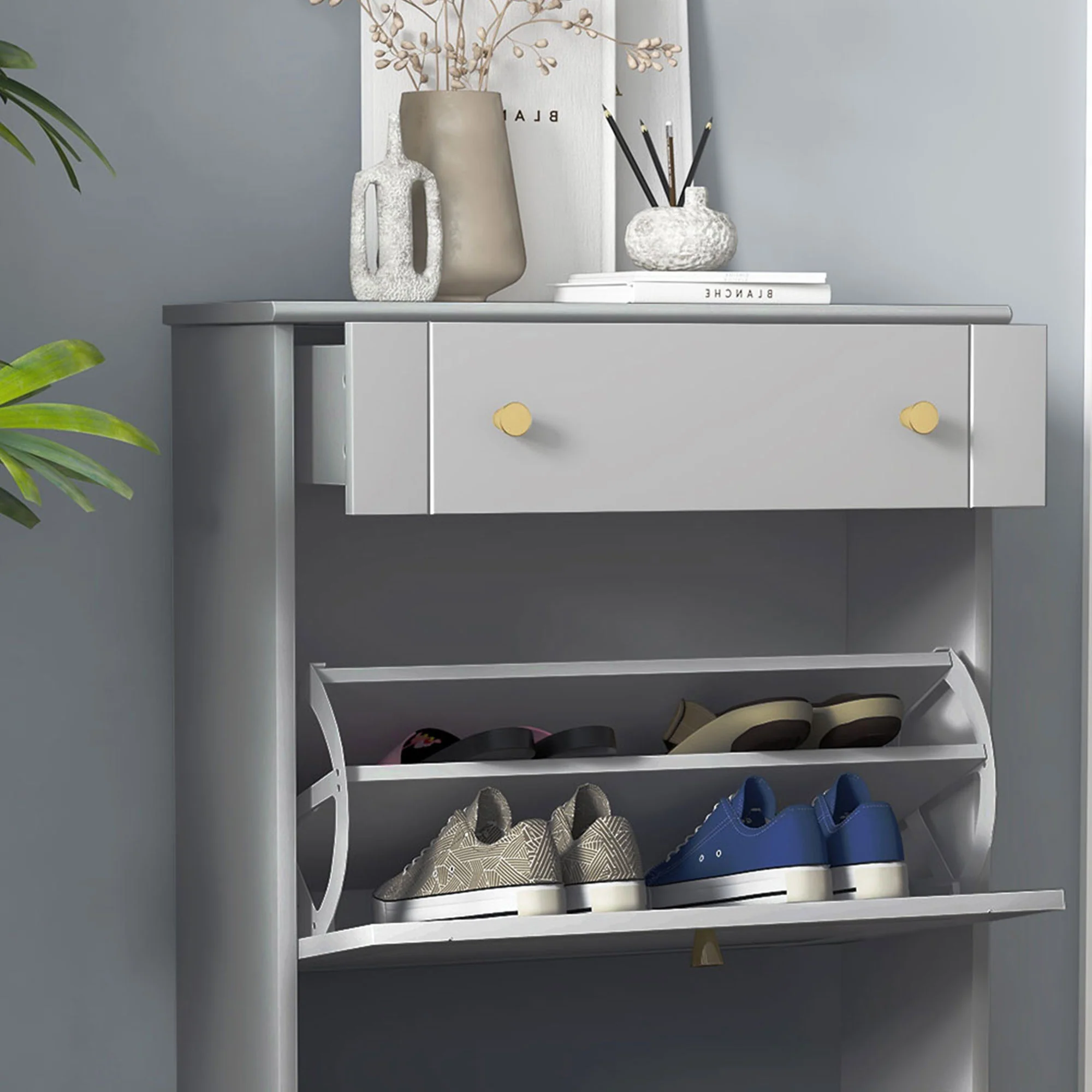 Narrow Shoe Cabinet with 2 Flip Drawers & Adjustable Shelves, Holds 8 Pairs of Shoes, Grey - Image 10