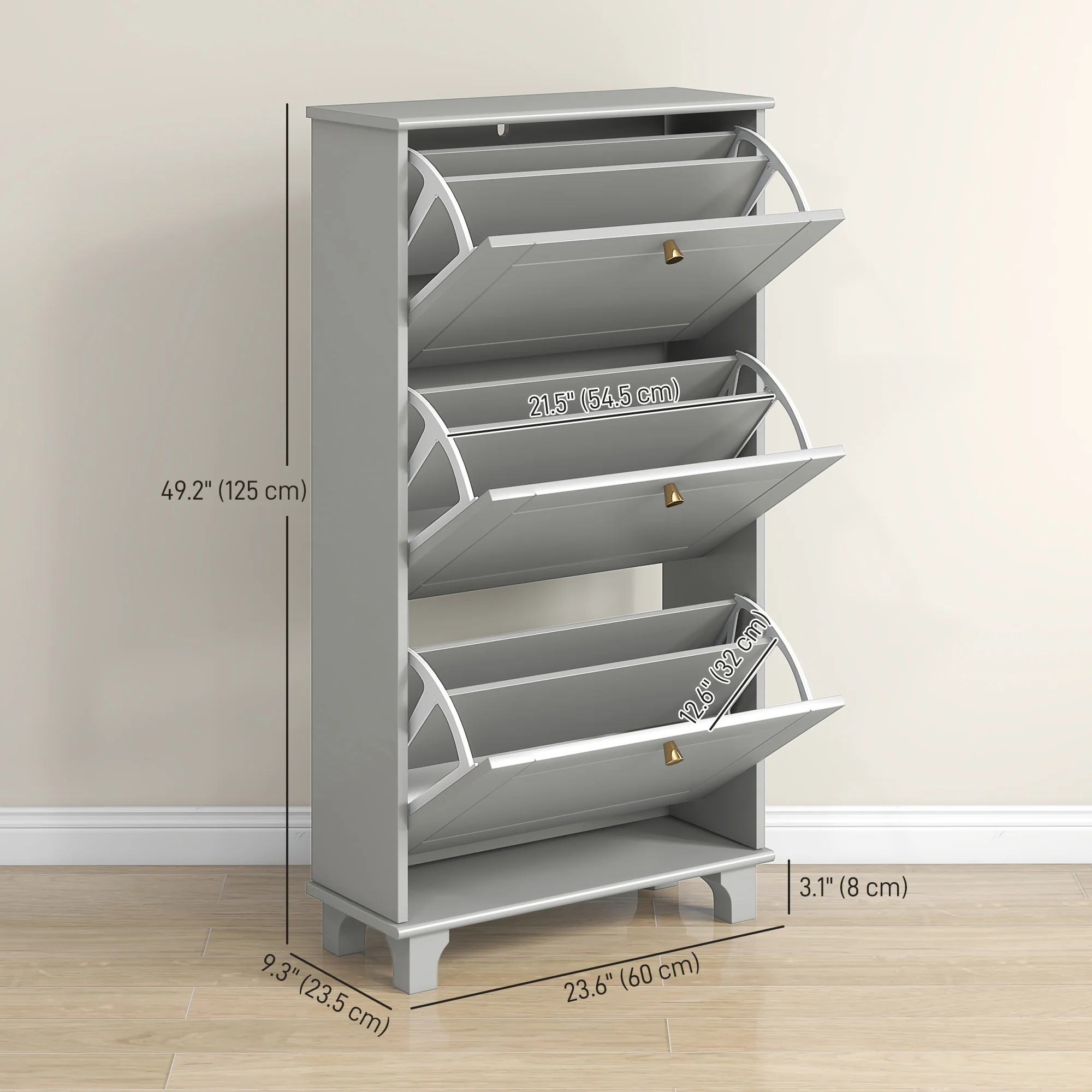 Narrow Shoe Cabinet with 3 Flip Drawers, Shoe Rack Cabinet Holds 12 Pairs of Shoes, Grey - Image 5