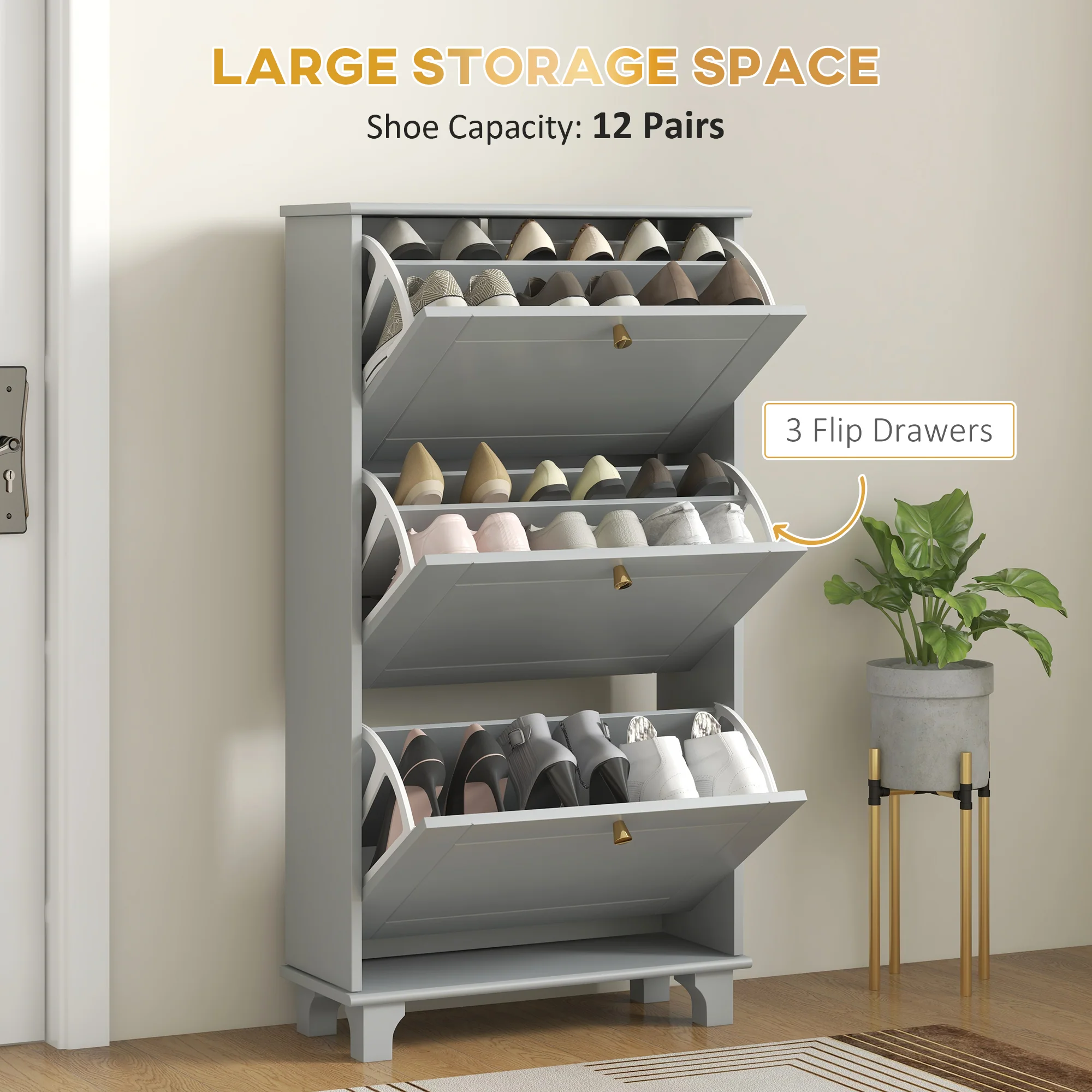 Narrow Shoe Cabinet with 3 Flip Drawers, Shoe Rack Cabinet Holds 12 Pairs of Shoes, Grey - Image 6