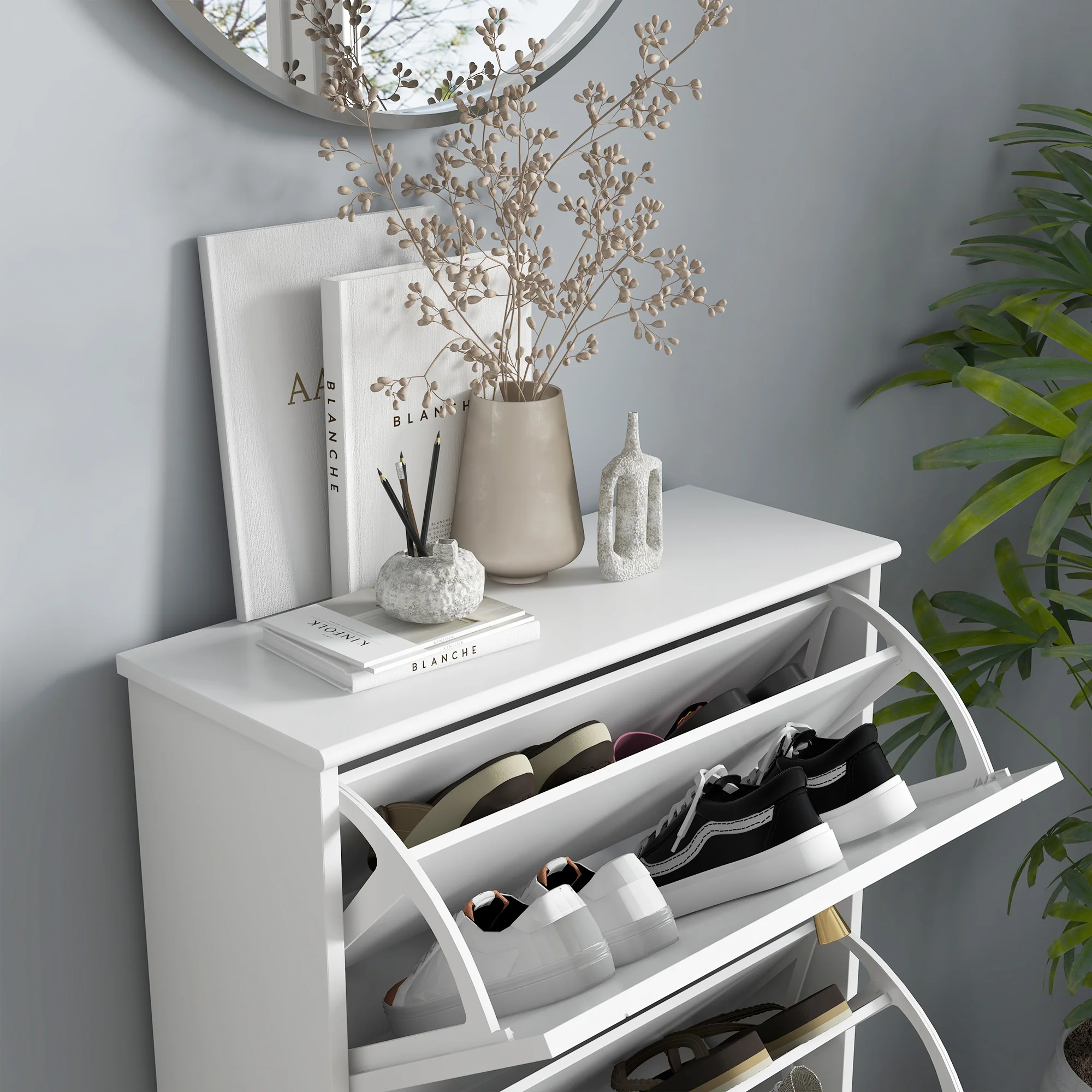 Narrow Shoe Cabinet with 3 Flip Drawers, Shoe Rack Cabinet Holds 12 Pairs of Shoes, White - Image 10