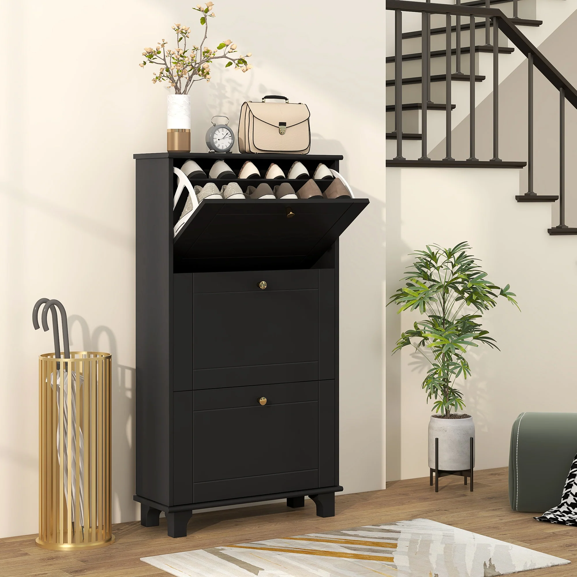 Narrow Shoe Cabinet with 3 Flip Drawers & Adjustable Shelves, Holds 12 Pairs, Black - Image 3