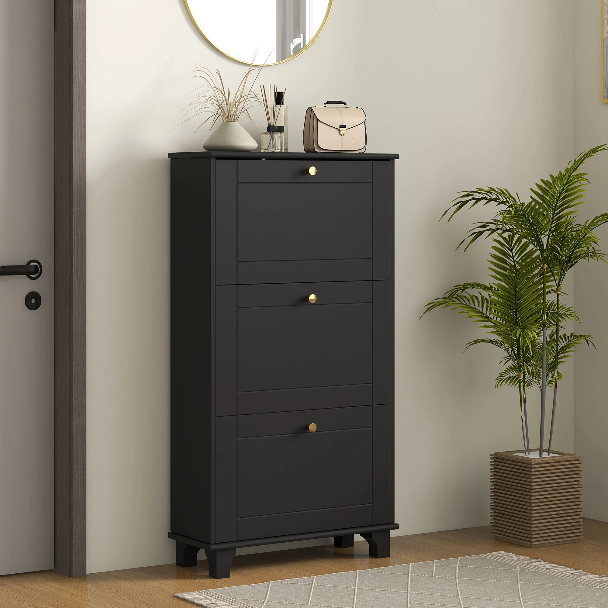 Narrow Shoe Cabinet with 3 Flip Drawers & Adjustable Shelves, Holds 12 Pairs, Black - Image 4