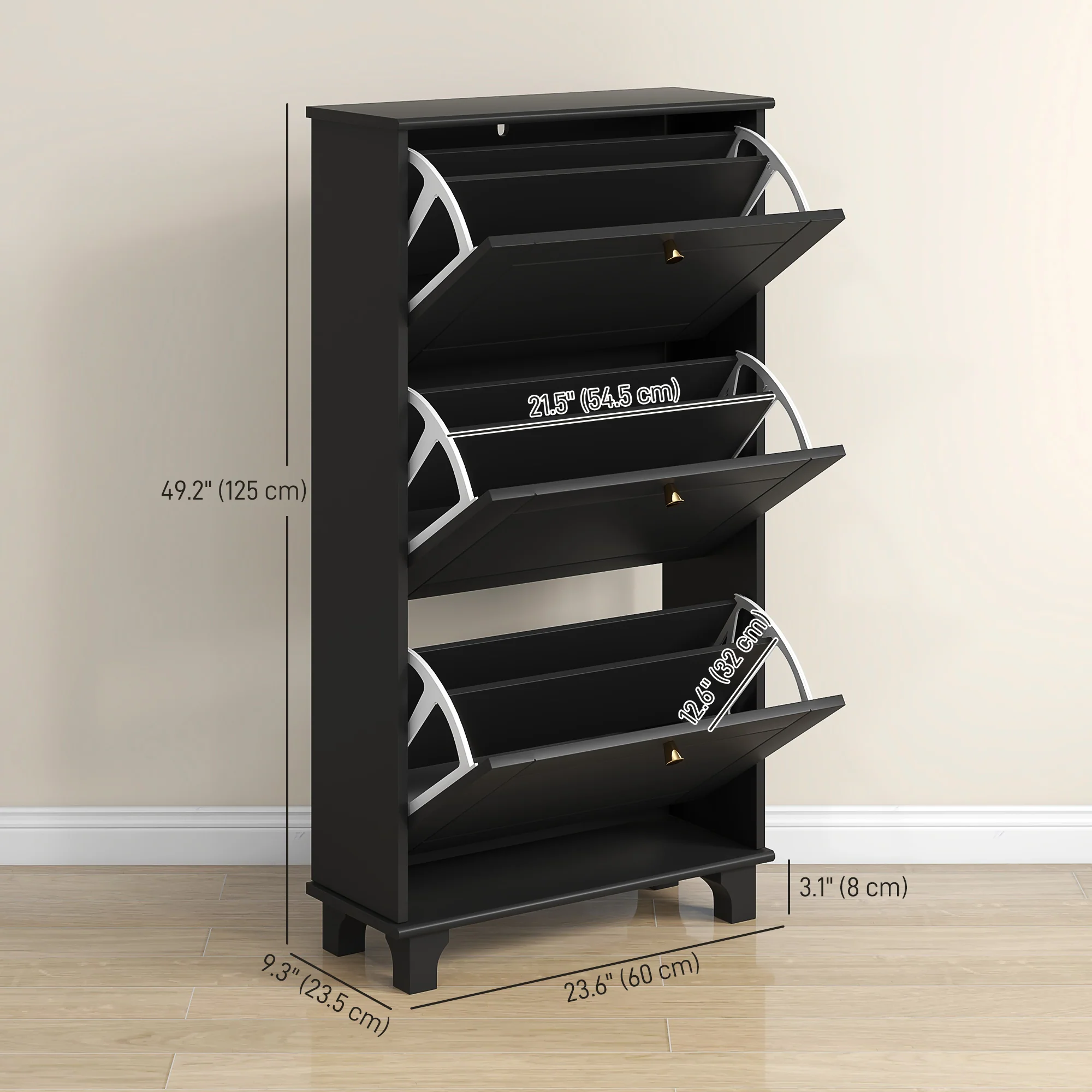 Narrow Shoe Cabinet with 3 Flip Drawers & Adjustable Shelves, Holds 12 Pairs, Black - Image 5