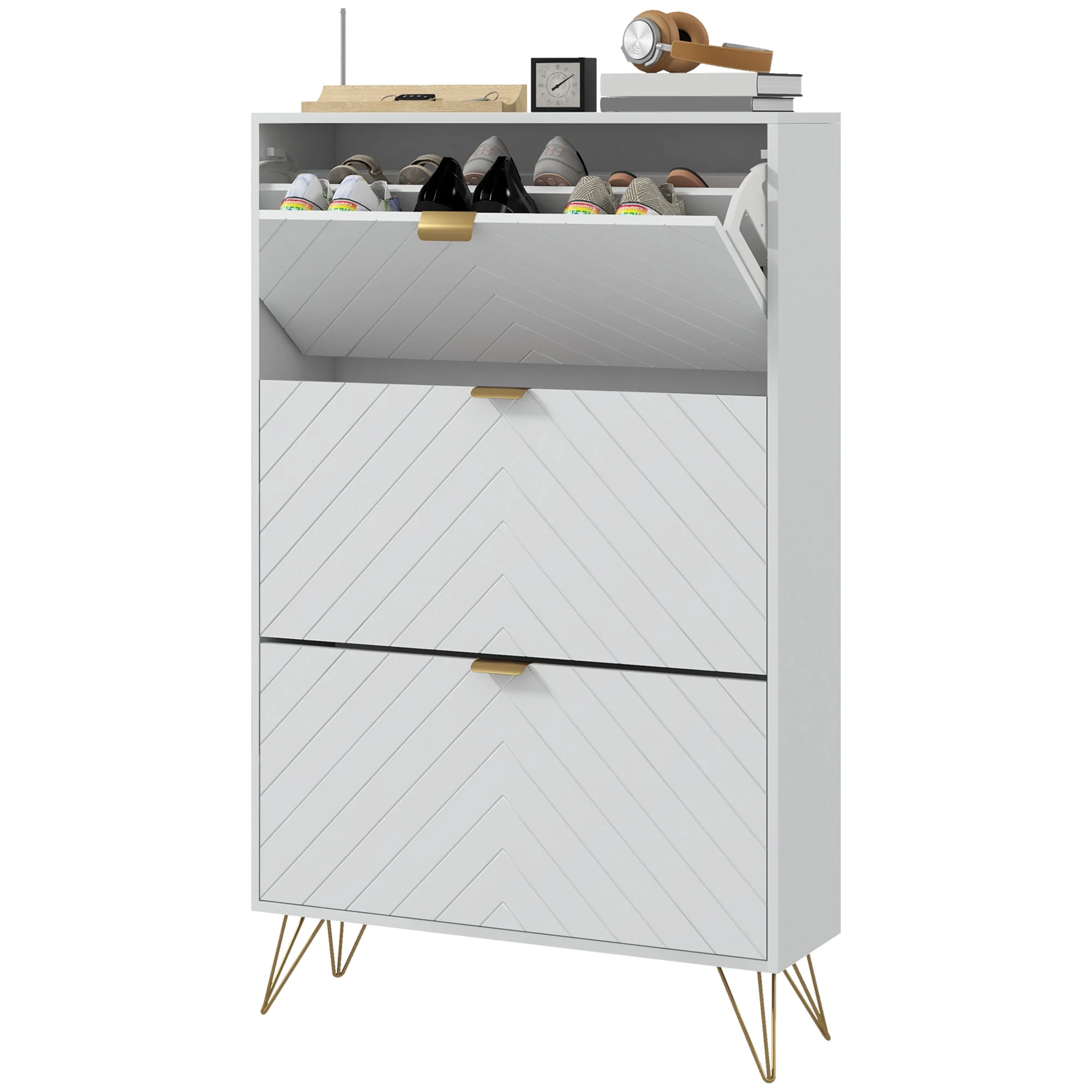 Slim Shoe Cabinet w/3 Flip Drawers & Adjustable Shelves for 18 Pairs of Shoes, White - Image 2