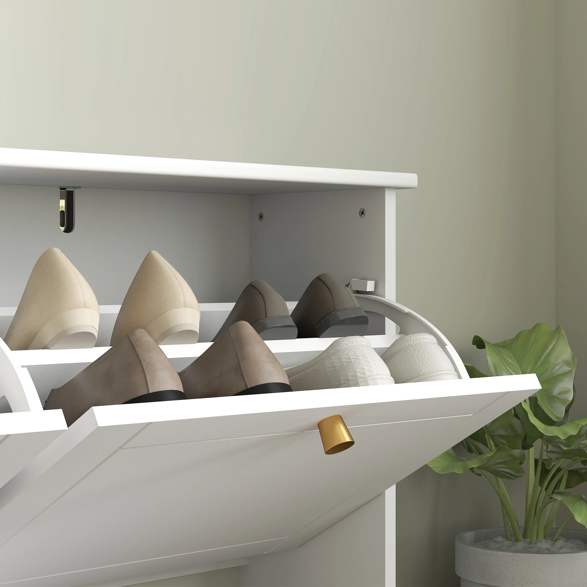 Narrow Shoe Cabinet with Wave-like Panels & 4 Flip Drawers for 16 Pairs of Shoes, White - Image 10