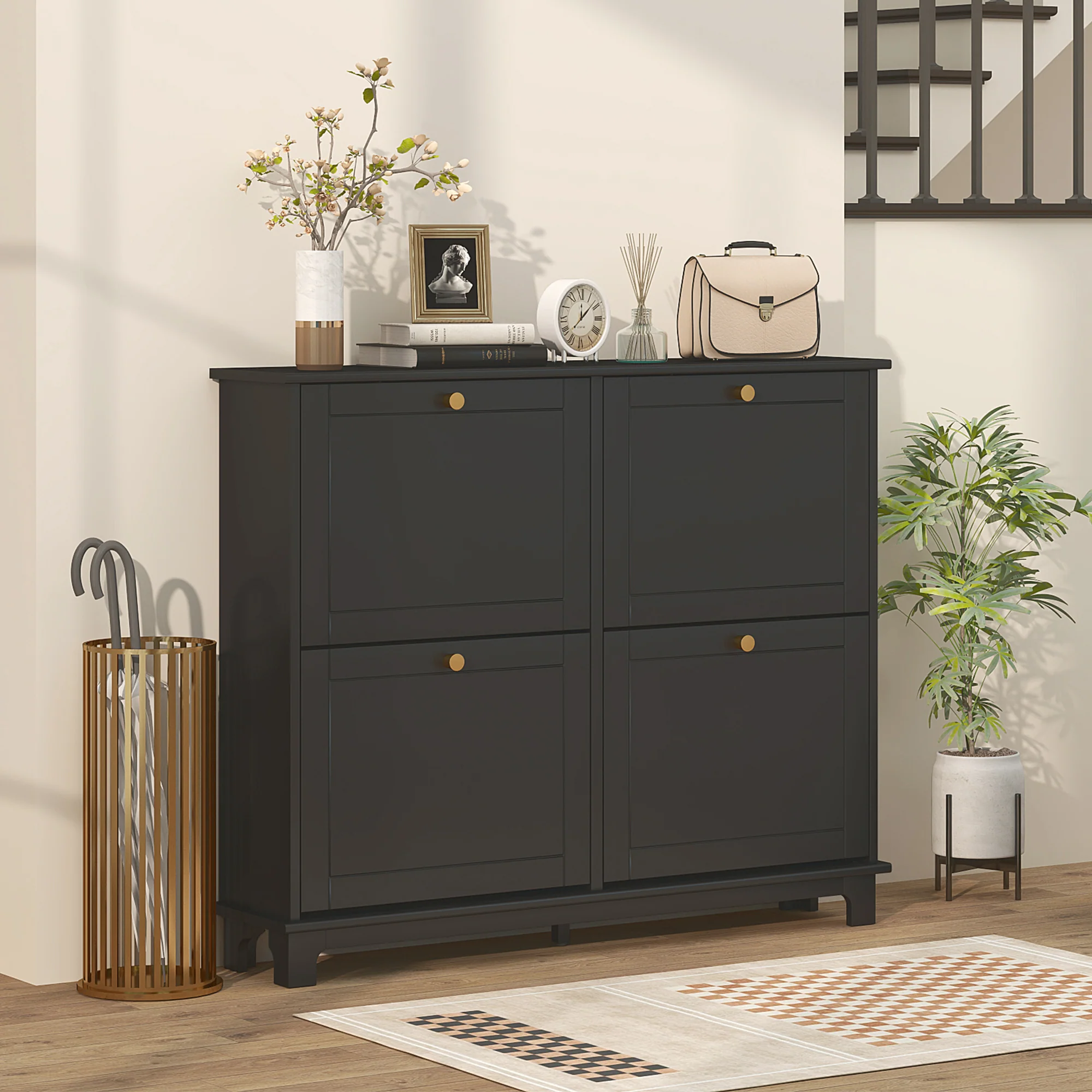 Narrow Shoe Cabinet with Wave-like Panels & 4 Flip Drawers for 16 Pairs of Shoes, Black - Image 4