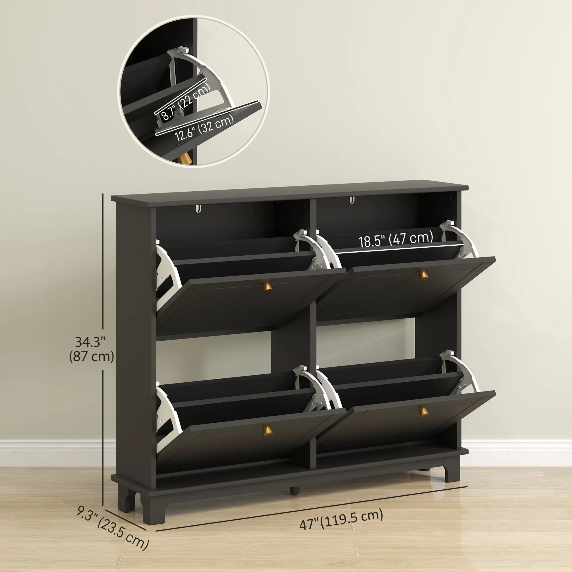 Narrow Shoe Cabinet with Wave-like Panels & 4 Flip Drawers for 16 Pairs of Shoes, Black - Image 5