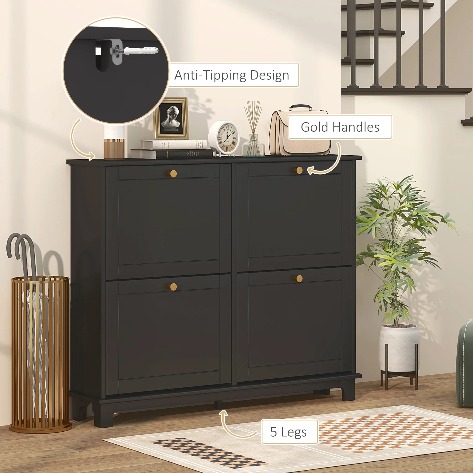 Narrow Shoe Cabinet with Wave-like Panels & 4 Flip Drawers for 16 Pairs of Shoes, Black - Image 8