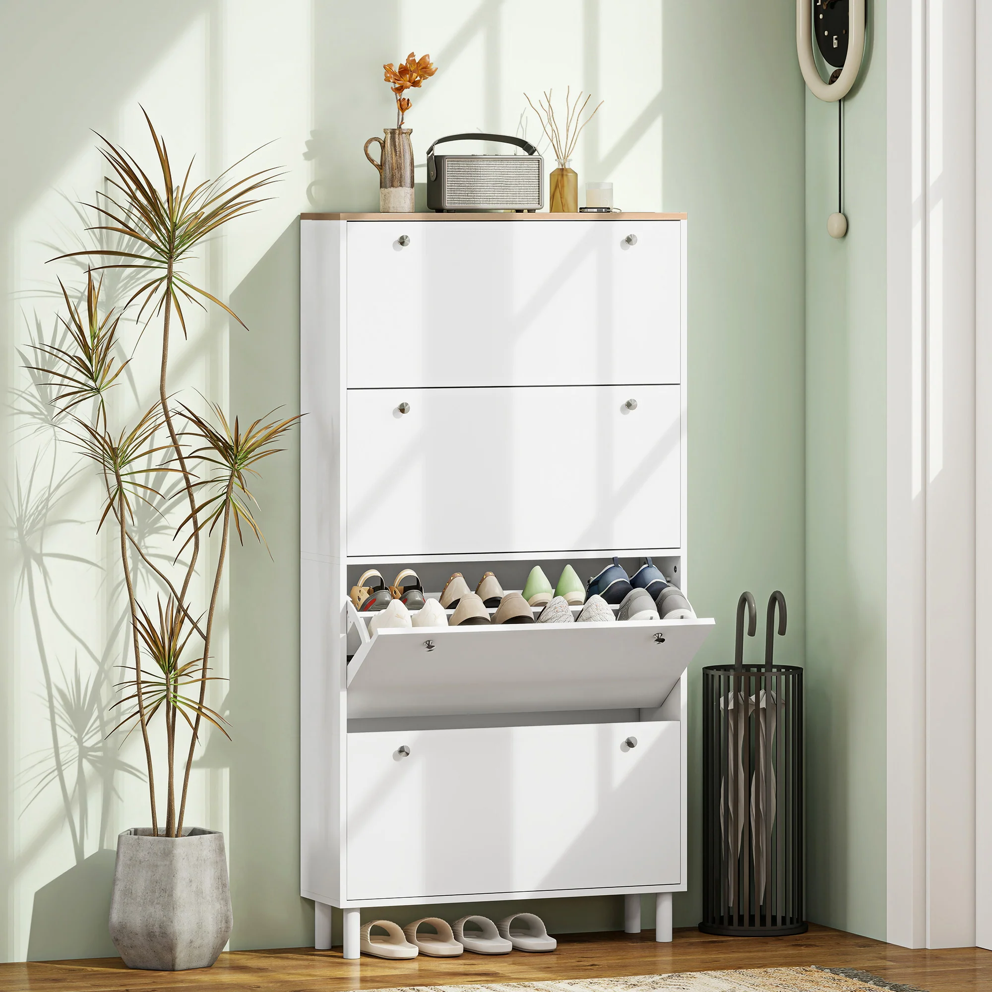 Narrow Shoe Cabinet with 4 Flip Drawers, Slim Shoe Storage Cabinet with Adjustable Shelves for Entryway Hallway, Holds 24–32 Pairs, White - Image 3