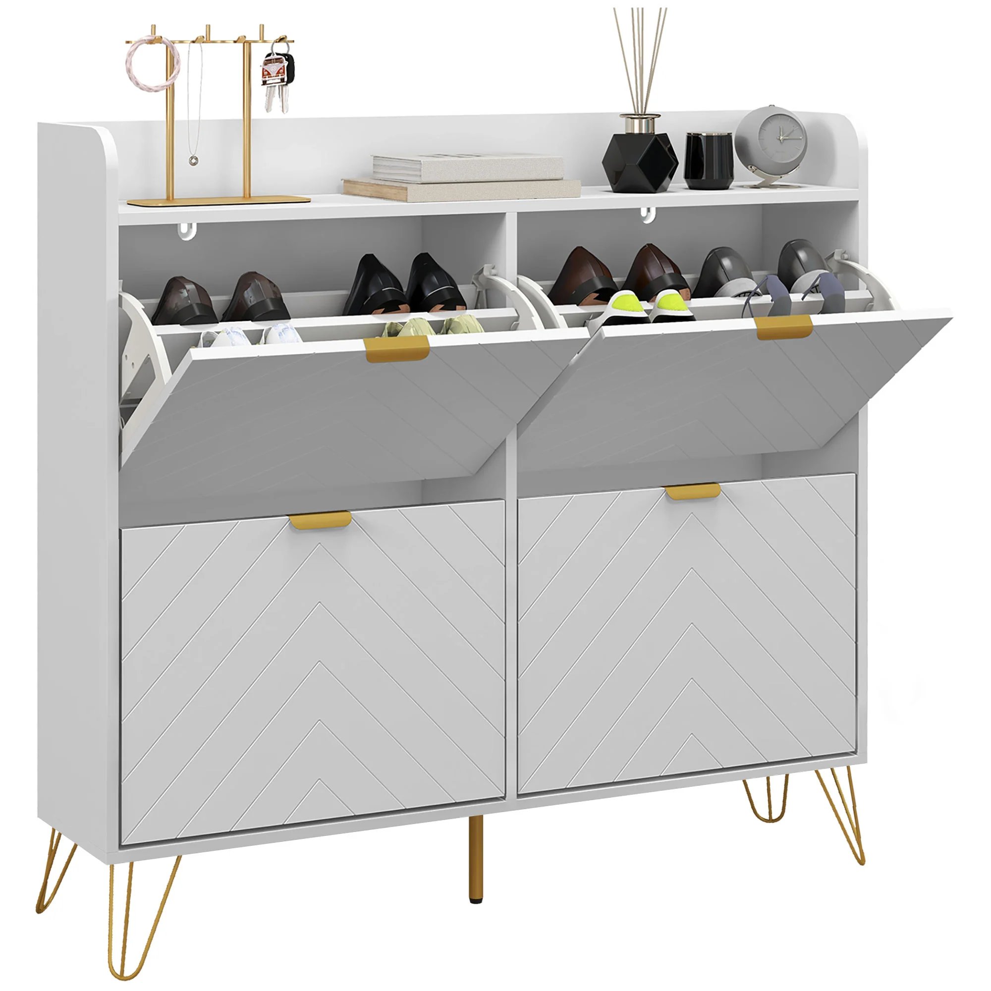 Narrow Shoe Cabinet w/ 4 Flip Drawers, Tabletop, Hairpin Legs and 4 Vents for Entryway, White