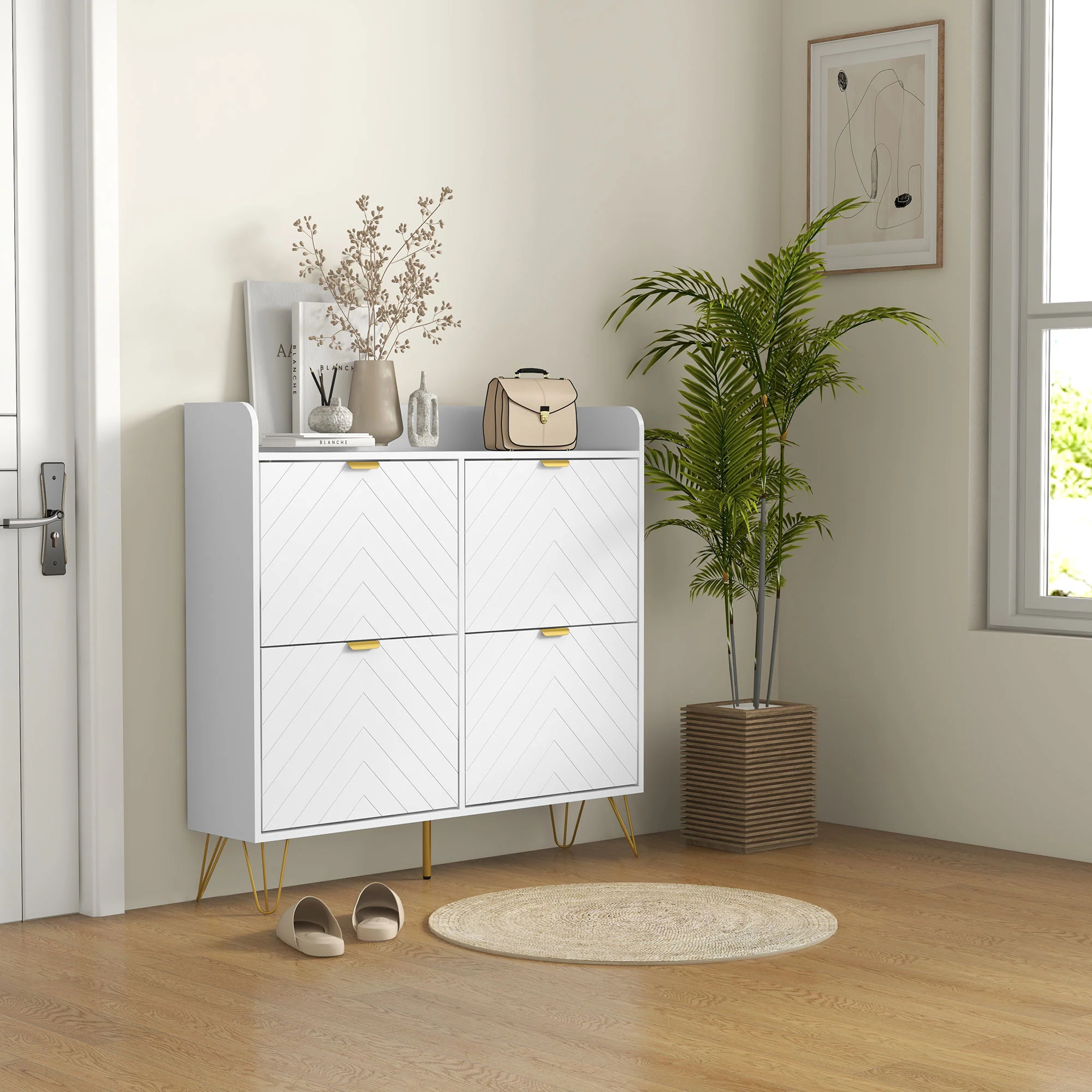 Narrow Shoe Cabinet w/ 4 Flip Drawers, Tabletop, Hairpin Legs and 4 Vents for Entryway, White - Image 3