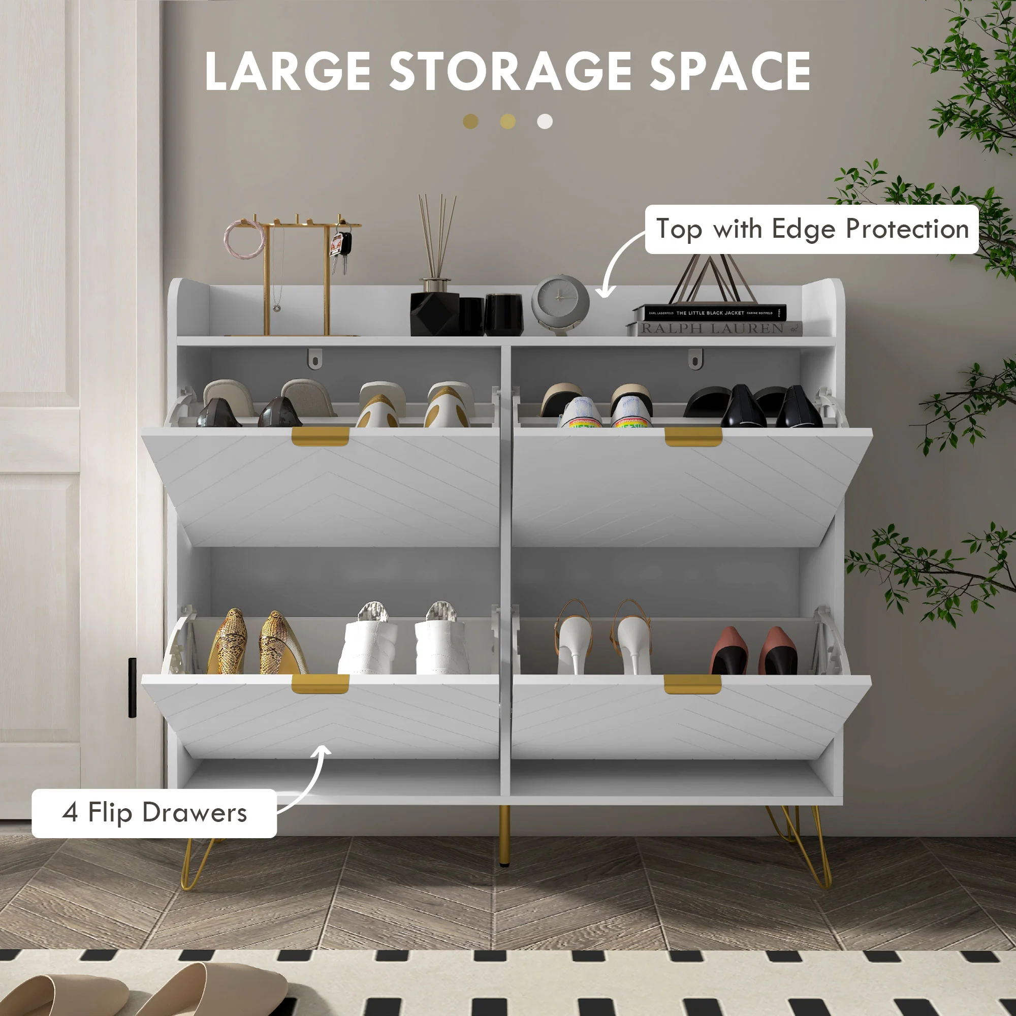 Narrow Shoe Cabinet w/ 4 Flip Drawers, Tabletop, Hairpin Legs and 4 Vents for Entryway, White - Image 6