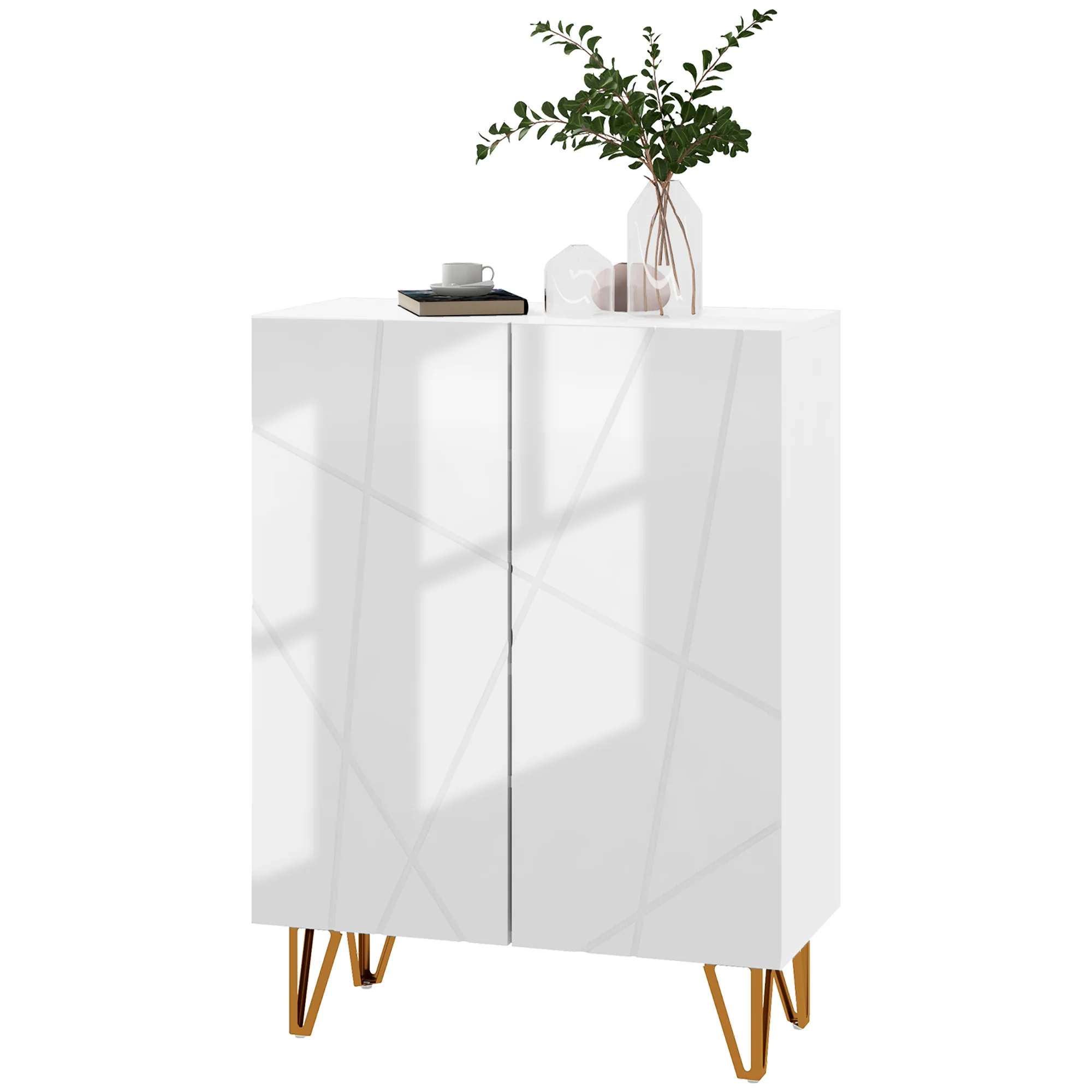 Narrow Shoe Cabinet with Adjustable Shelves for 15-20 Pairs of Shoes, High Gloss White - Image 2
