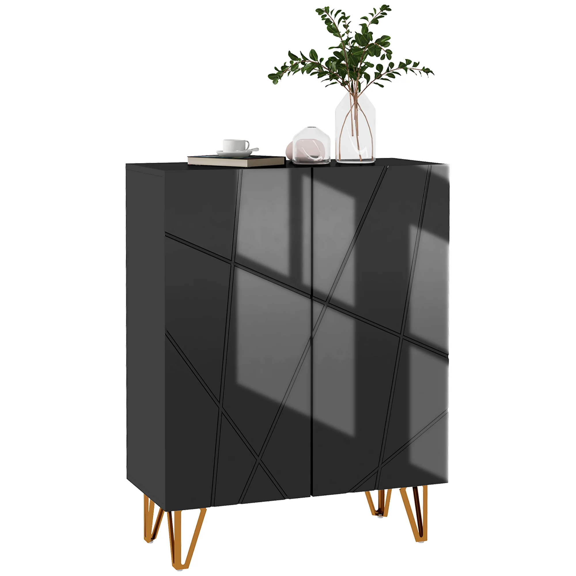 Narrow Shoe Cabinet with Adjustable Shelves for 15-20 Pairs of Shoes, High Gloss Black