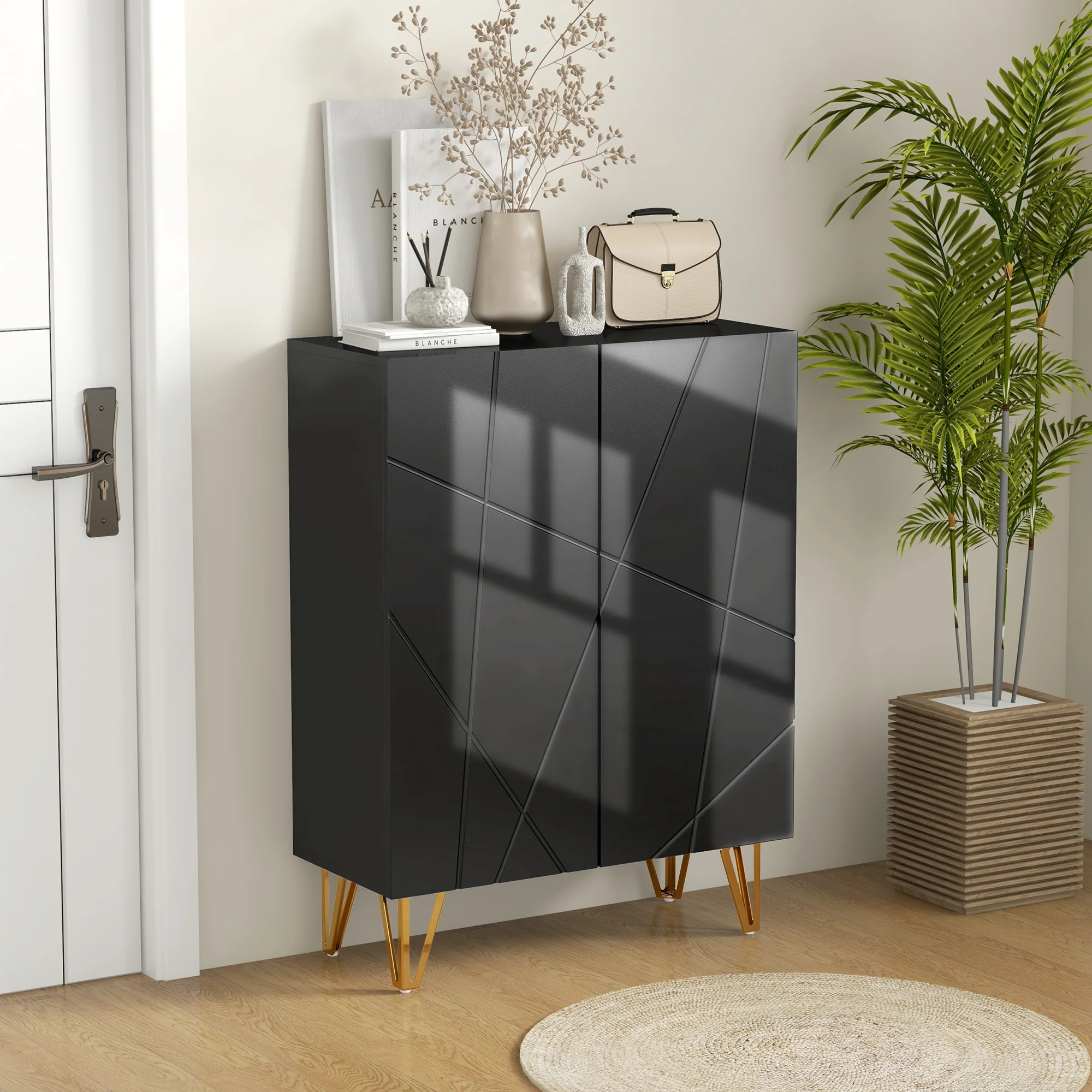 Narrow Shoe Cabinet with Adjustable Shelves for 15-20 Pairs of Shoes, High Gloss Black - Image 3