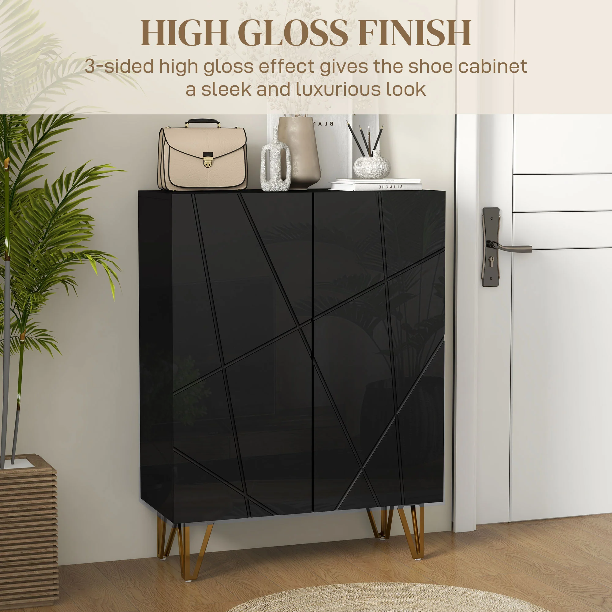 Narrow Shoe Cabinet with Adjustable Shelves for 15-20 Pairs of Shoes, High Gloss Black - Image 8