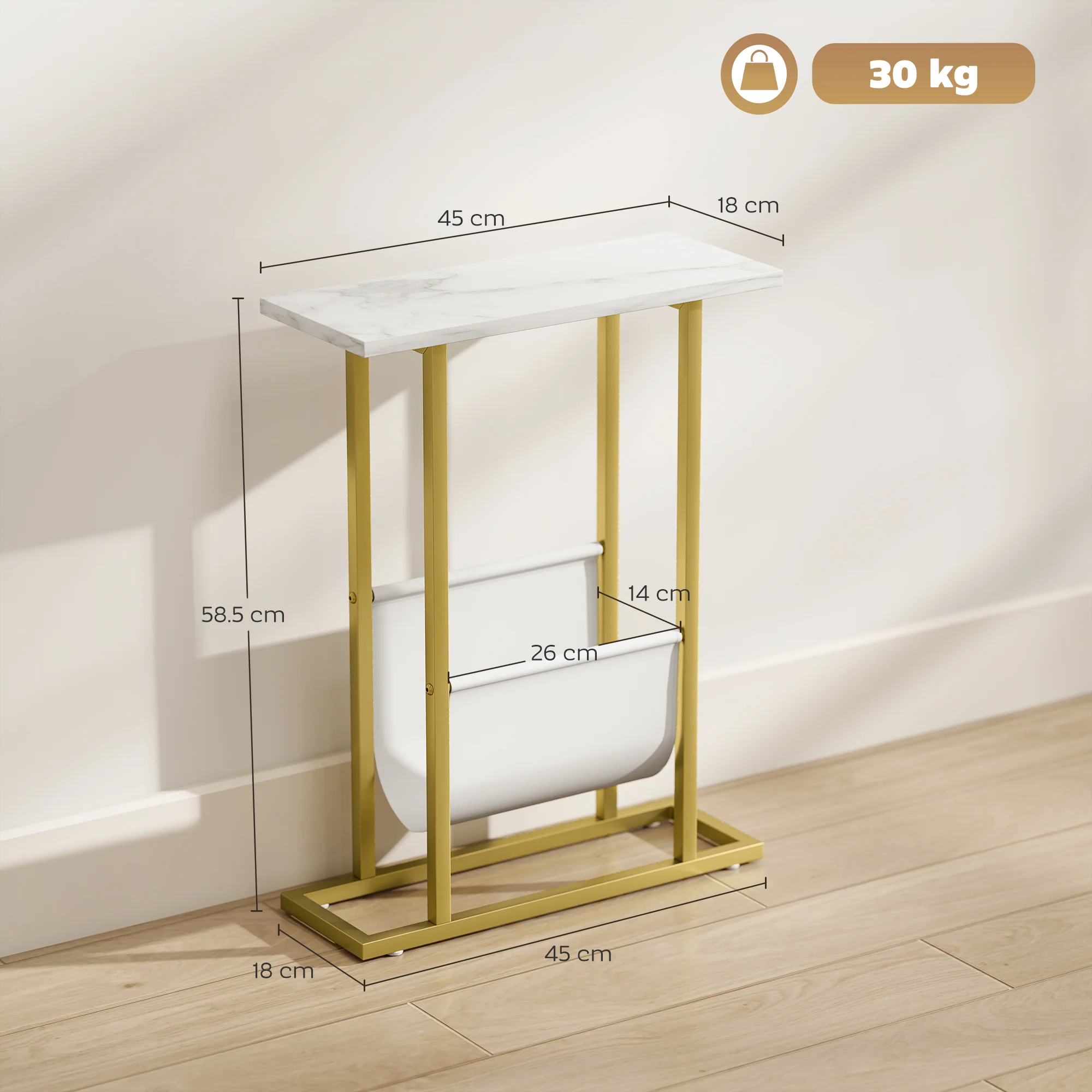 Narrow Side Table, Slim End Table with Magazine Holder, Modern Nightstand for Small Spaces, Living Room, Bedroom, 45 x 18 x 58.5 cm, White Marble Grain - Image 5