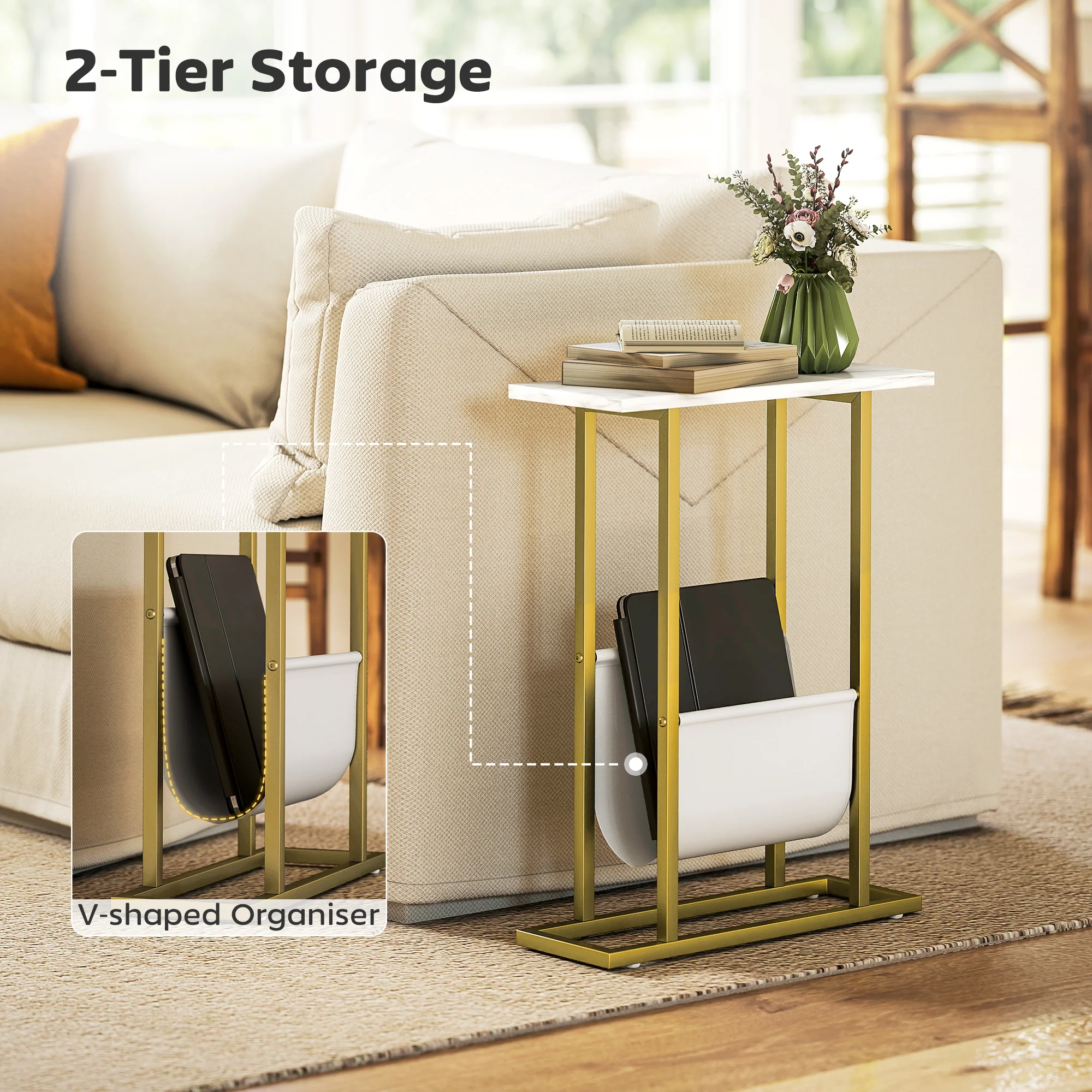 Narrow Side Table, Slim End Table with Magazine Holder, Modern Nightstand for Small Spaces, Living Room, Bedroom, 45 x 18 x 58.5 cm, White Marble Grain - Image 7