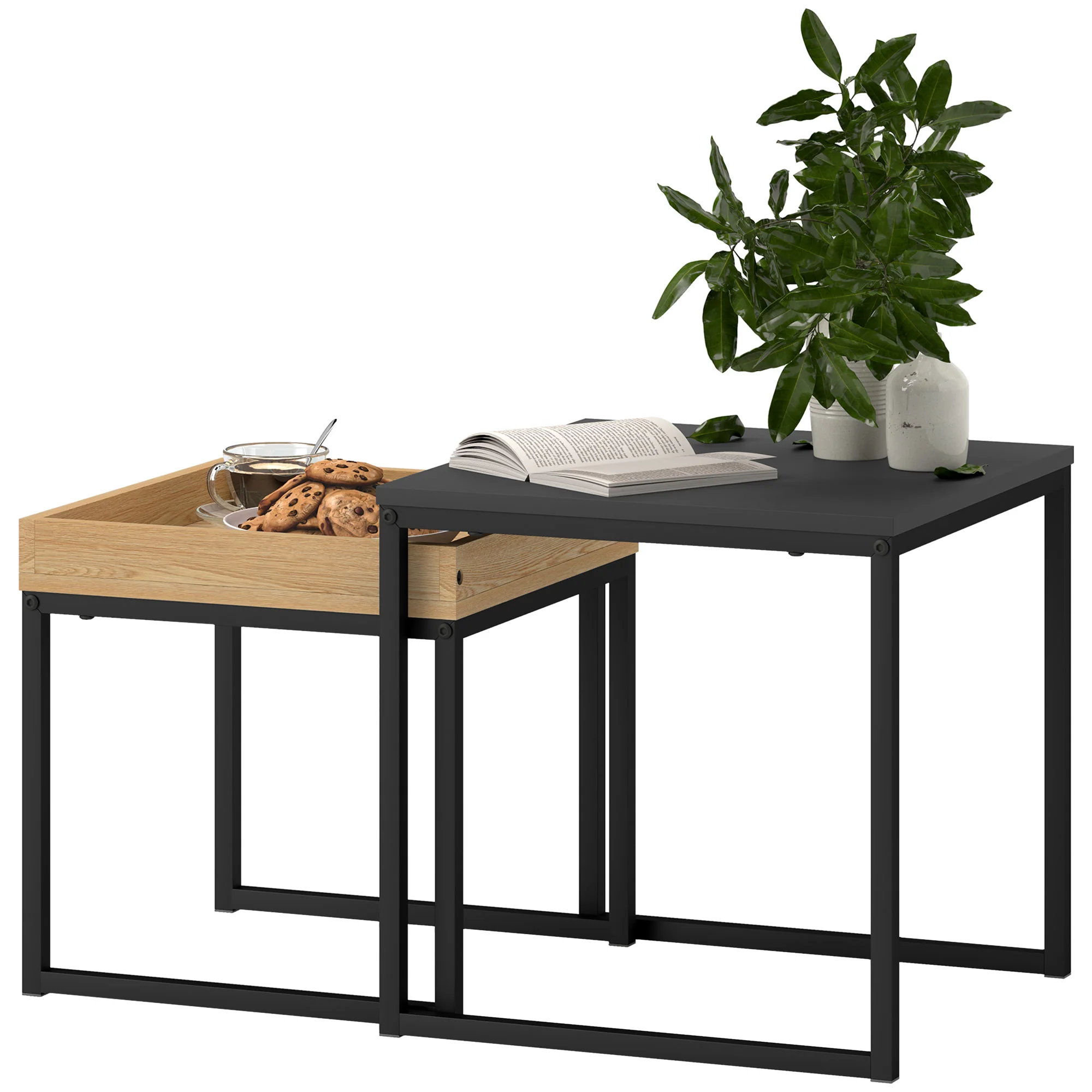 Nesting Coffee Table Set of 2, Square Sofa Side Tables with Steel Frame, Small Space, Black - Image 2