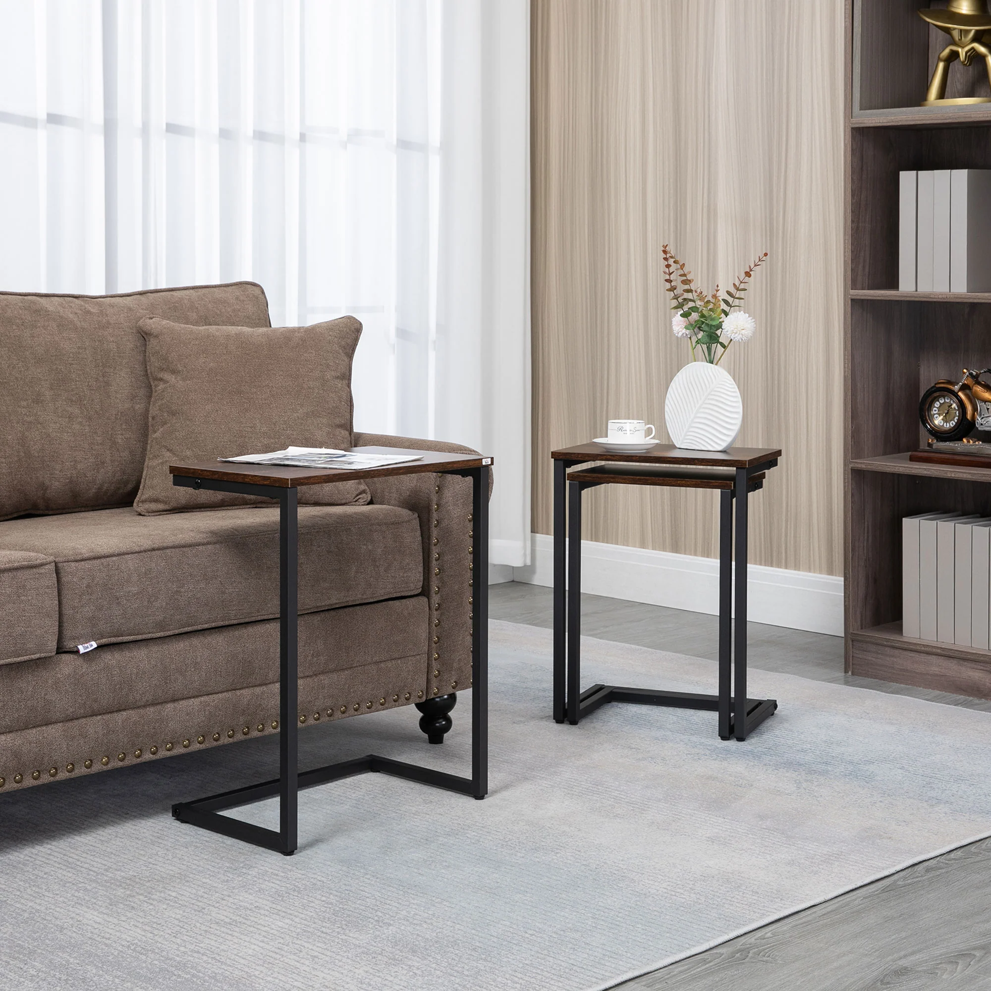 Nesting Side Tables Set of 3 with Steel Frame for Sofa Couch and Bed, Rustic Brown - Image 3