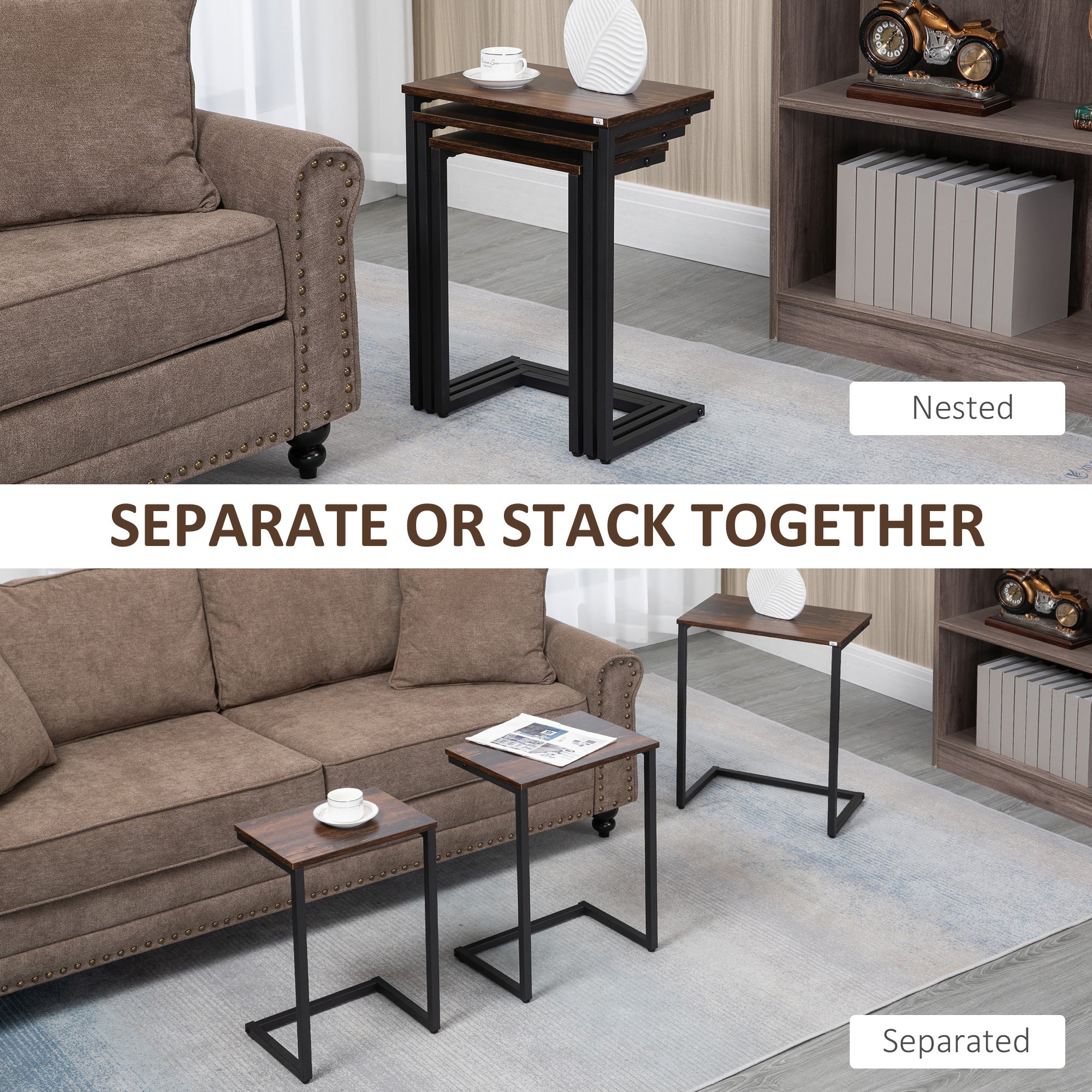 Nesting Side Tables Set of 3 with Steel Frame for Sofa Couch and Bed, Rustic Brown - Image 6