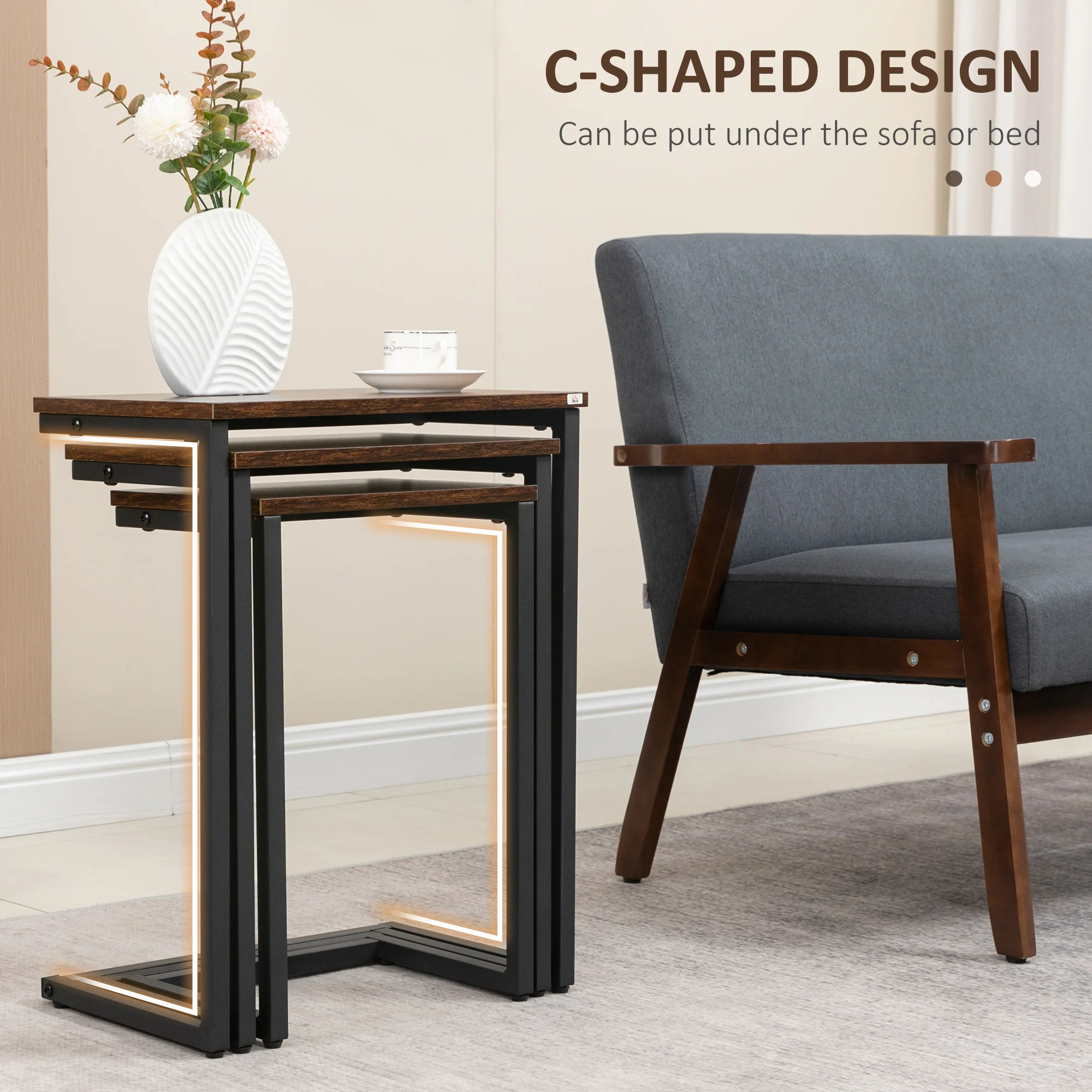 Nesting Side Tables Set of 3 with Steel Frame for Sofa Couch and Bed, Rustic Brown - Image 7