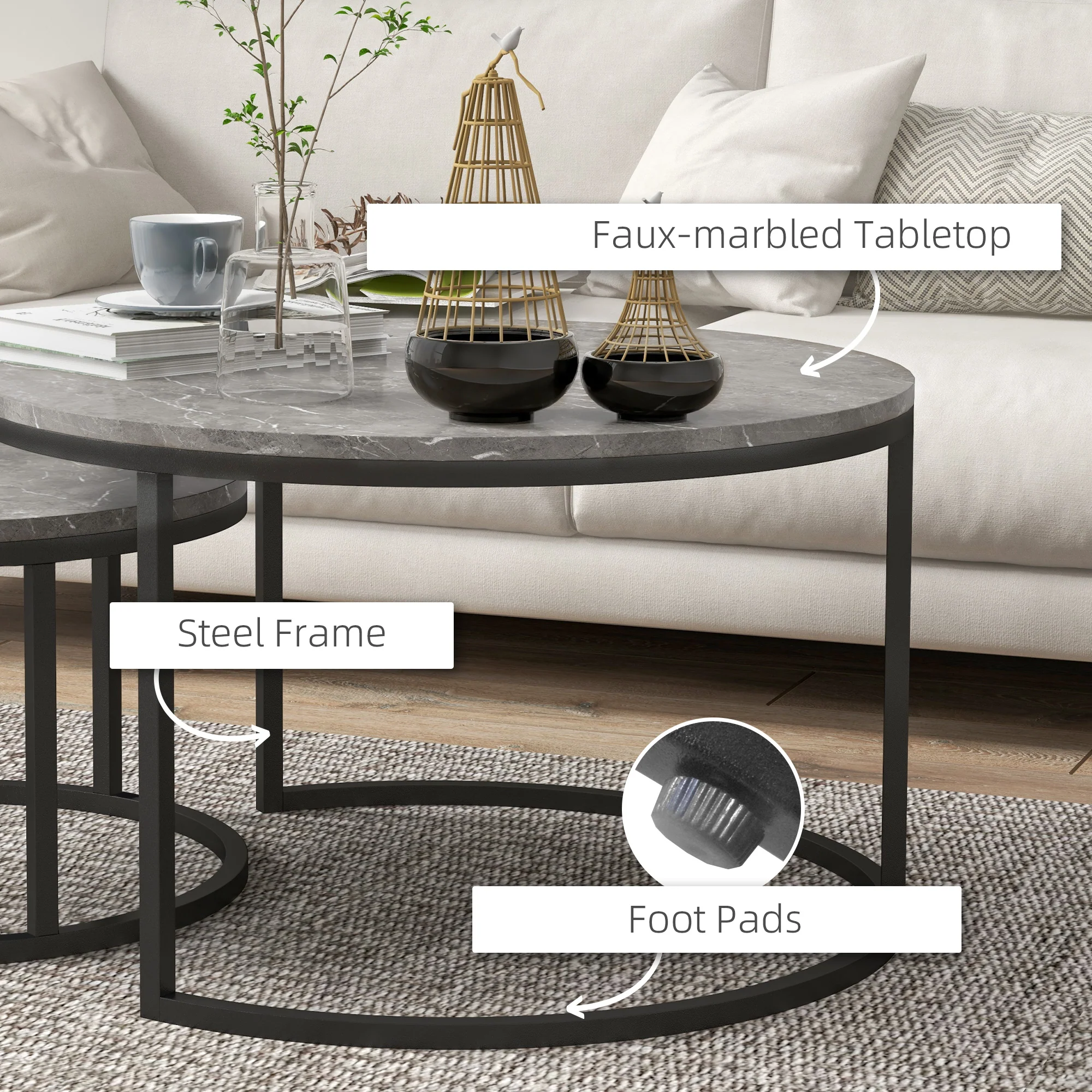 Set of 2 Round Coffee Table 31" Nesting Tables, Faux Marbled Grey - Image 8